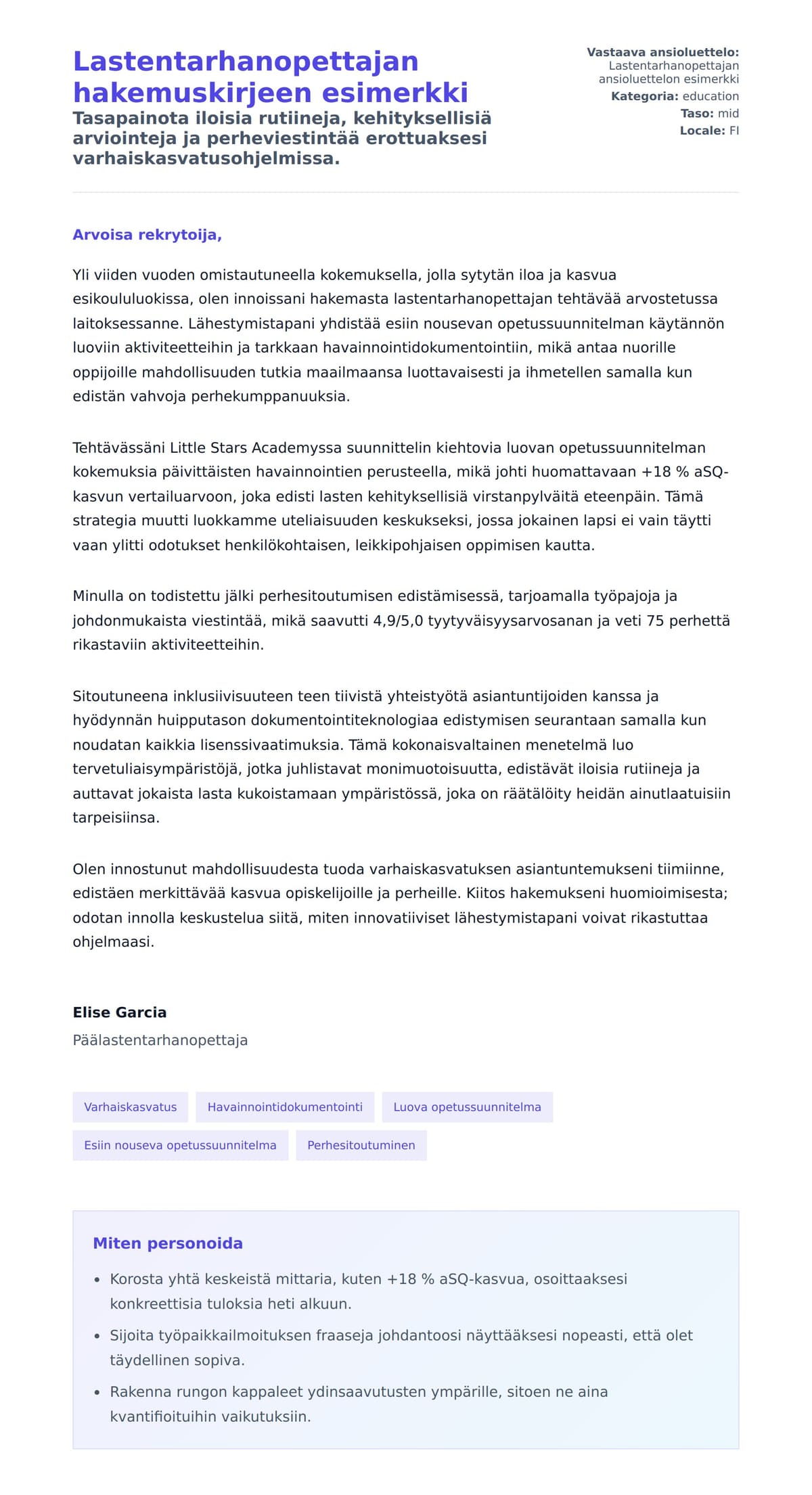 Työhakemuskirjeen esikatselu kohteelle Lastentarhanopettajan hakemuskirjeen esimerkki