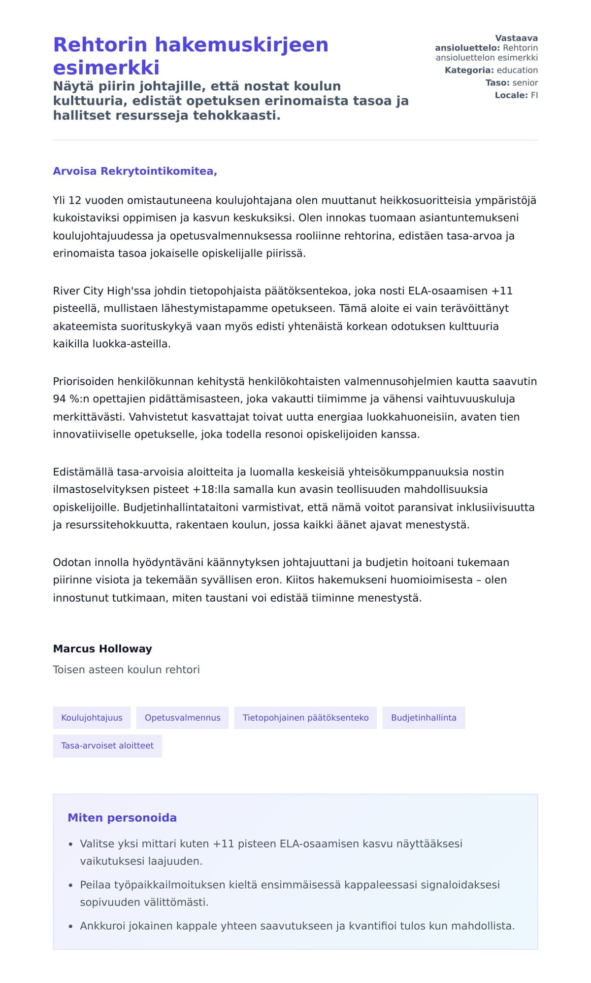 Työhakemuskirjeen esikatselu kohteelle Rehtorin hakemuskirjeen esimerkki