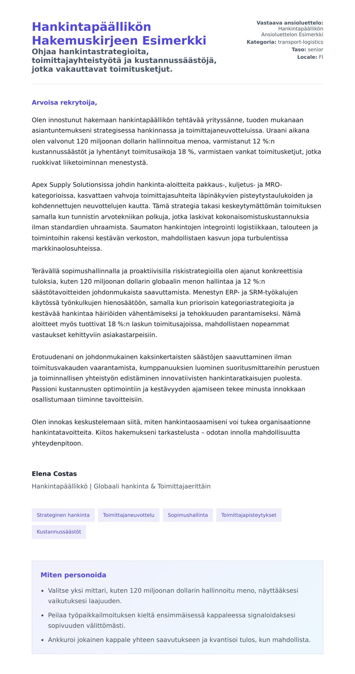 Työhakemuskirjeen esikatselu kohteelle Hankintapäällikön Hakemuskirjeen Esimerkki