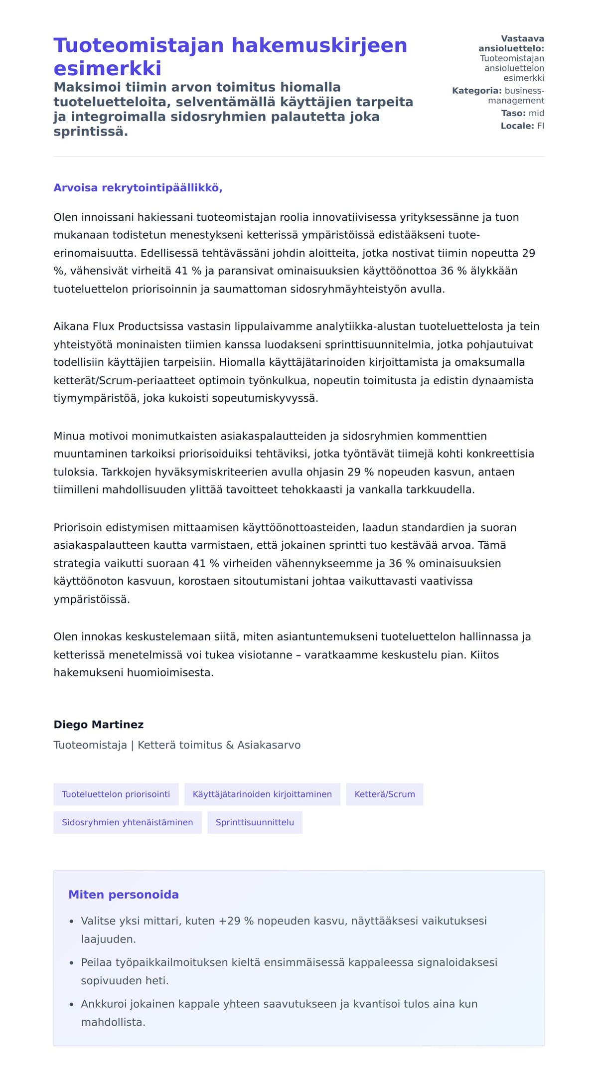 Työhakemuskirjeen esikatselu kohteelle Tuoteomistajan hakemuskirjeen esimerkki