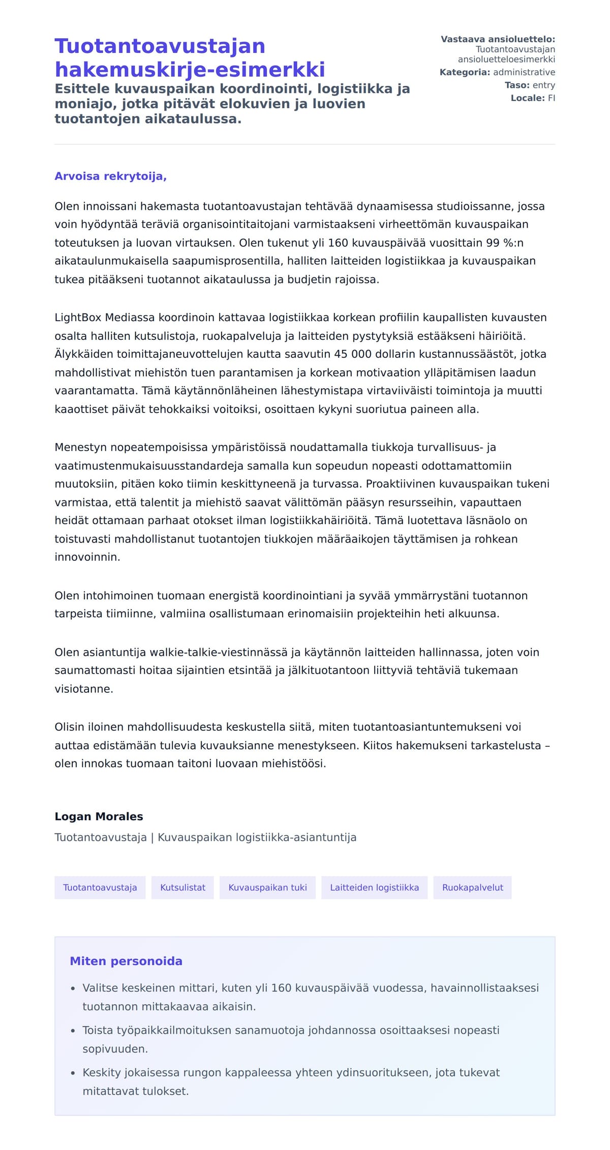 Työhakemuskirjeen esikatselu kohteelle Tuotantoavustajan hakemuskirje-esimerkki