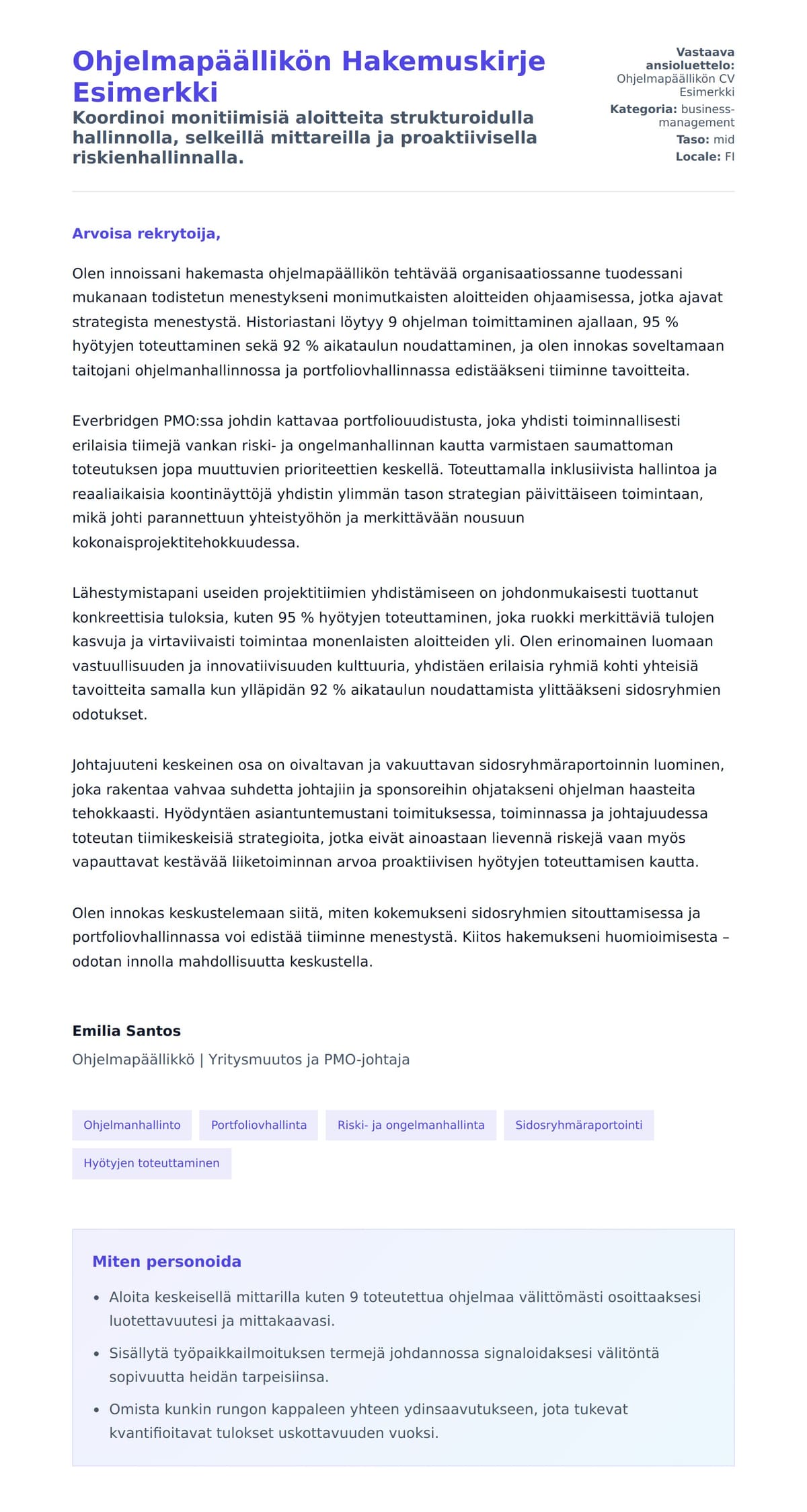 Työhakemuskirjeen esikatselu kohteelle Ohjelmapäällikön Hakemuskirje Esimerkki