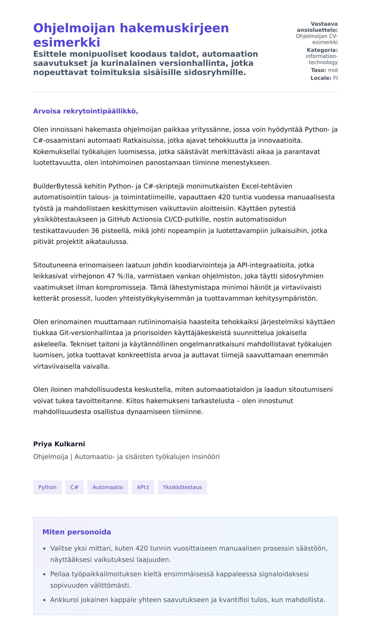 Työhakemuskirjeen esikatselu kohteelle Ohjelmoijan hakemuskirjeen esimerkki