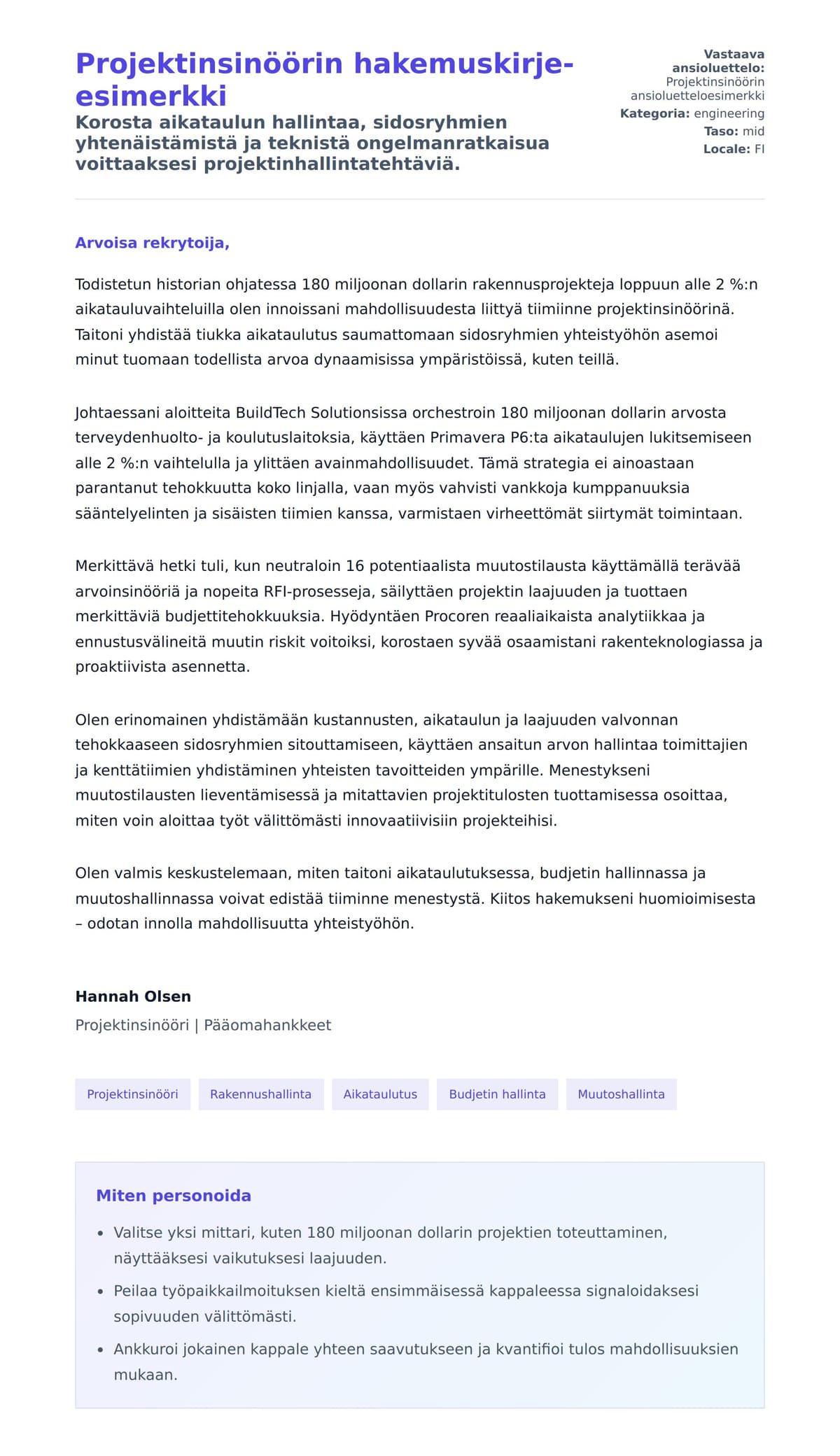 Työhakemuskirjeen esikatselu kohteelle Projektinsinöörin hakemuskirje-esimerkki
