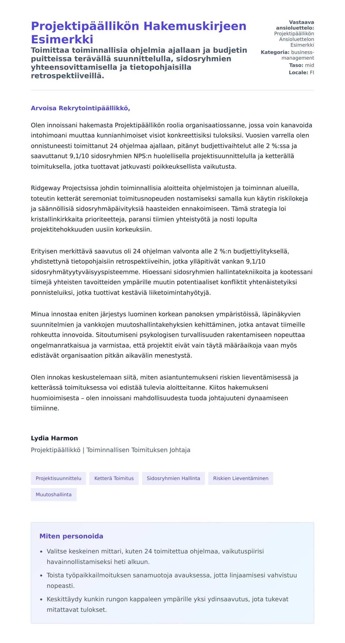 Työhakemuskirjeen esikatselu kohteelle Projektipäällikön Hakemuskirjeen Esimerkki