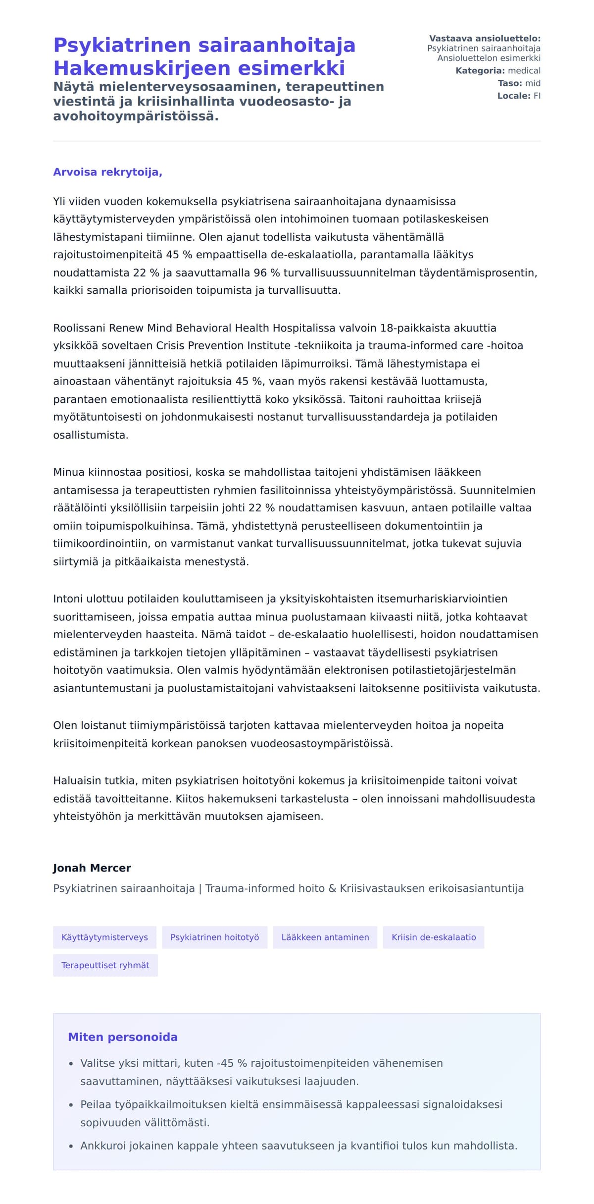 Työhakemuskirjeen esikatselu kohteelle Psykiatrinen sairaanhoitaja Hakemuskirjeen esimerkki