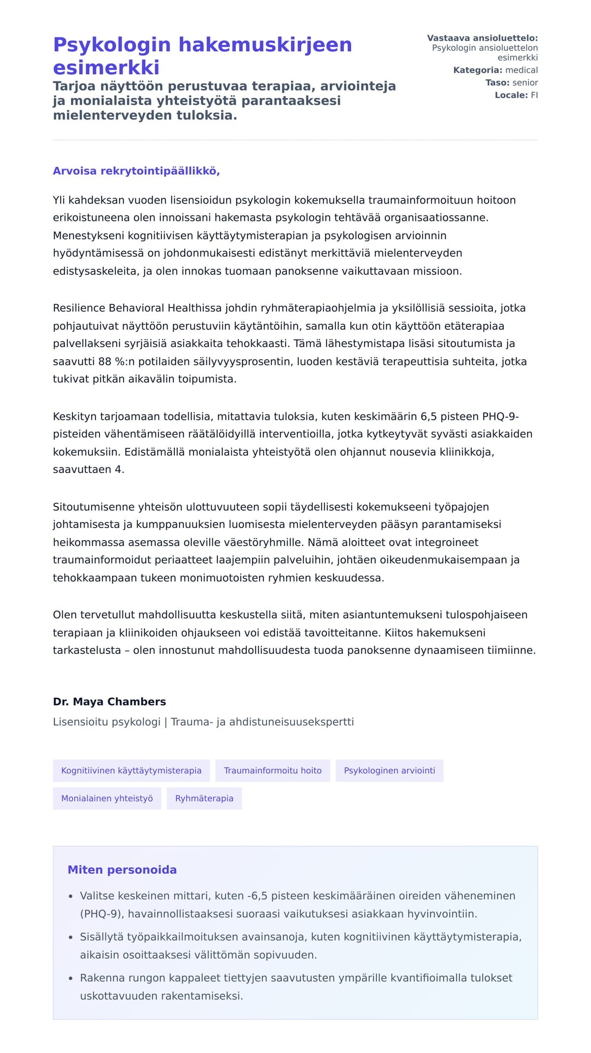 Työhakemuskirjeen esikatselu kohteelle Psykologin hakemuskirjeen esimerkki