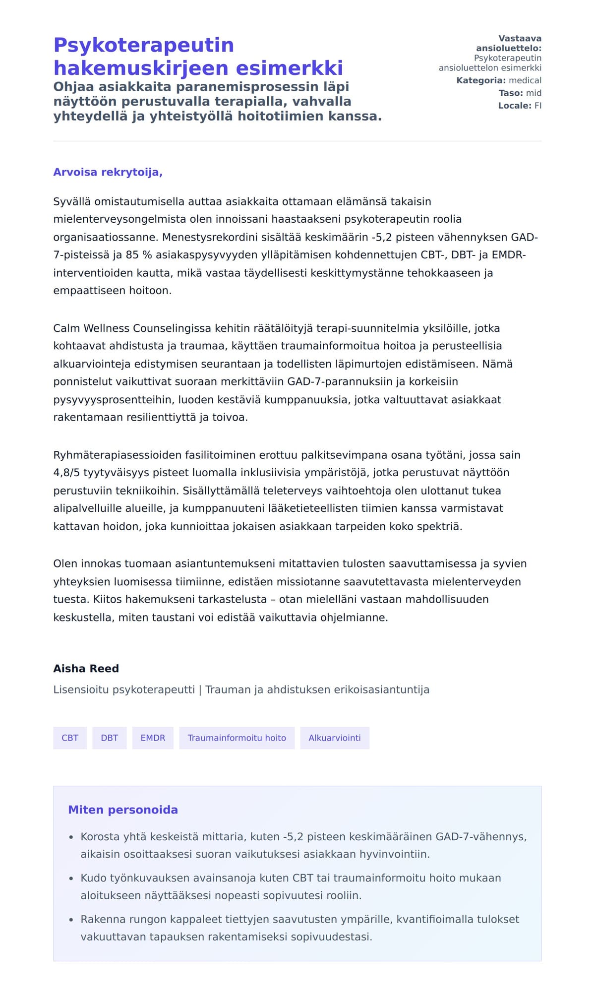 Työhakemuskirjeen esikatselu kohteelle Psykoterapeutin hakemuskirjeen esimerkki