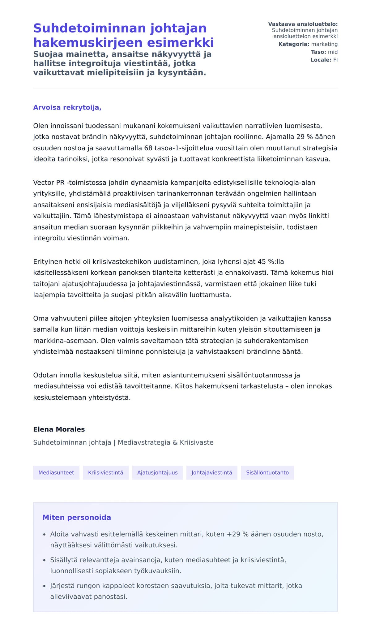 Työhakemuskirjeen esikatselu kohteelle Suhdetoiminnan johtajan hakemuskirjeen esimerkki