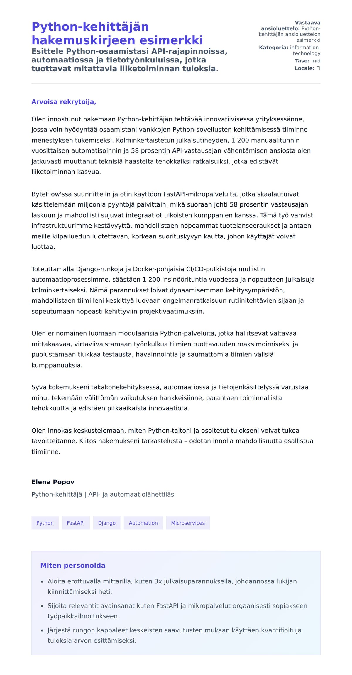 Työhakemuskirjeen esikatselu kohteelle Python-kehittäjän hakemuskirjeen esimerkki