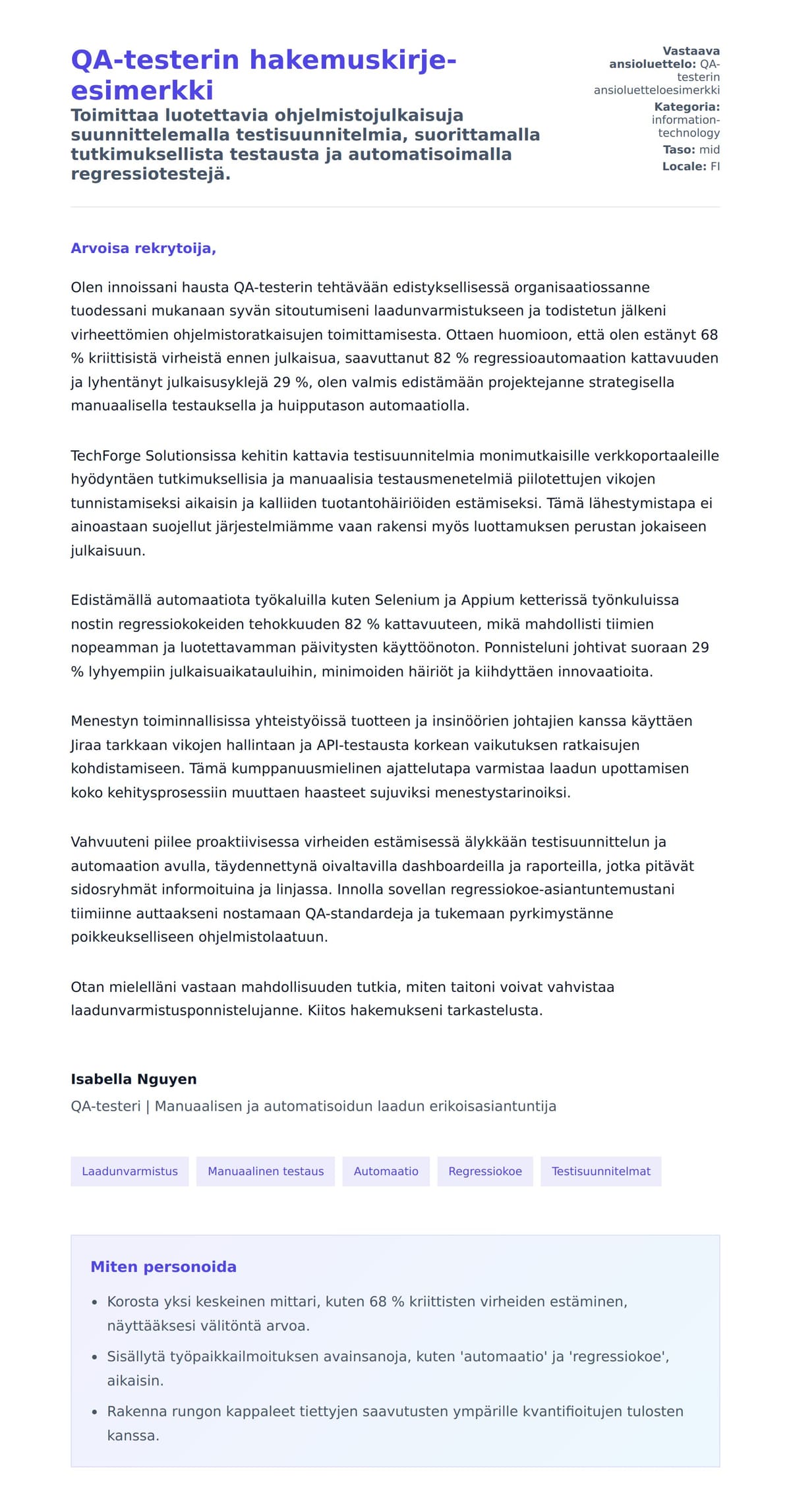 Työhakemuskirjeen esikatselu kohteelle QA-testerin hakemuskirje-esimerkki