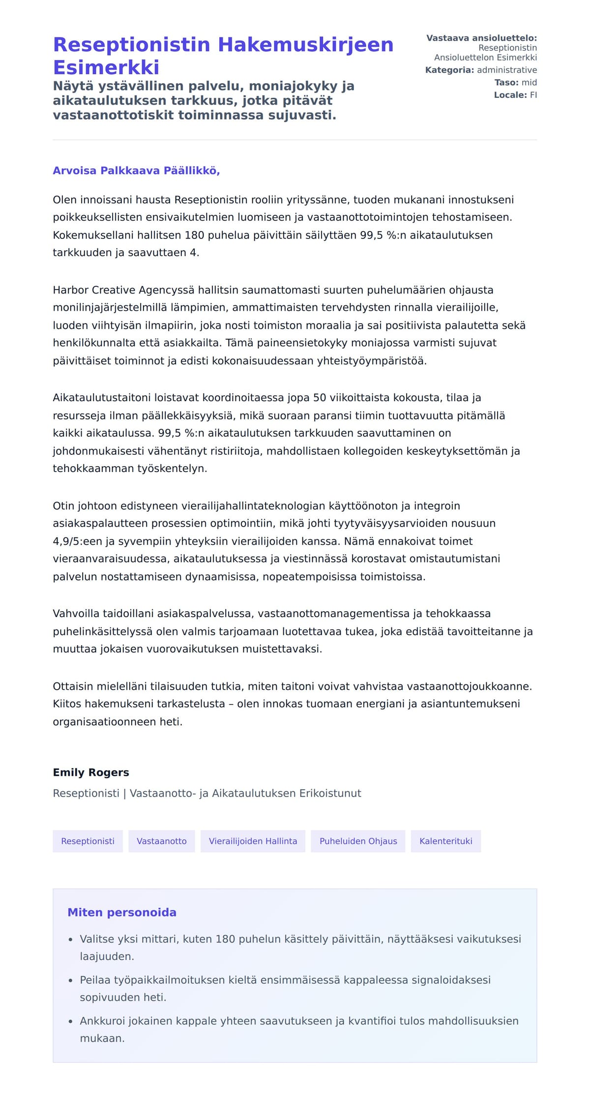 Työhakemuskirjeen esikatselu kohteelle Reseptionistin Hakemuskirjeen Esimerkki