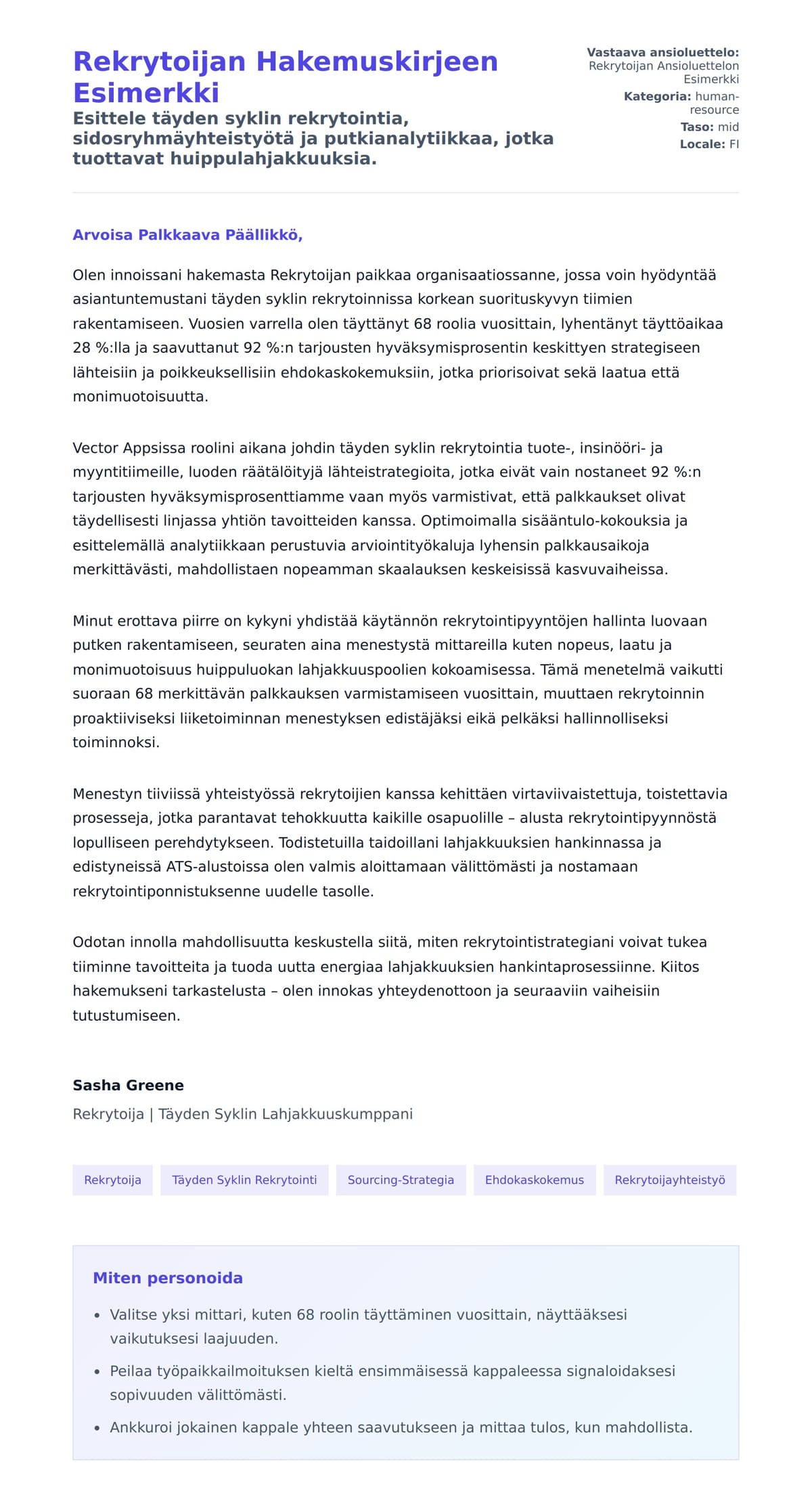 Työhakemuskirjeen esikatselu kohteelle Rekrytoijan Hakemuskirjeen Esimerkki