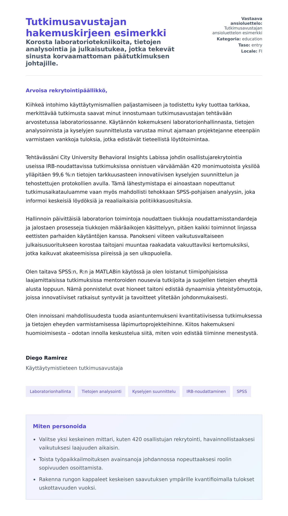 Työhakemuskirjeen esikatselu kohteelle Tutkimusavustajan hakemuskirjeen esimerkki