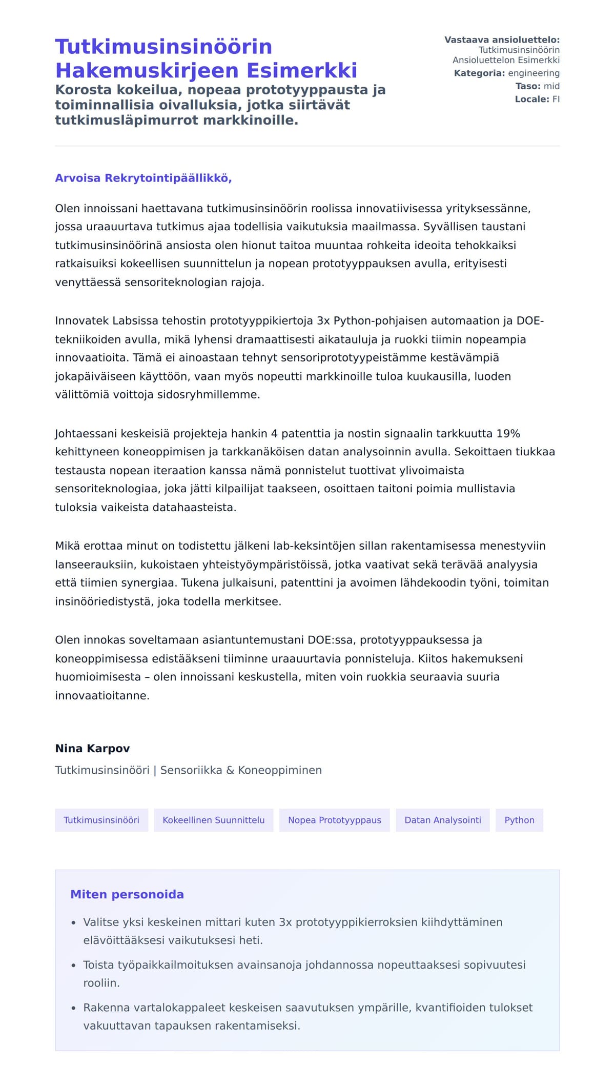 Työhakemuskirjeen esikatselu kohteelle Tutkimusinsinöörin Hakemuskirjeen Esimerkki
