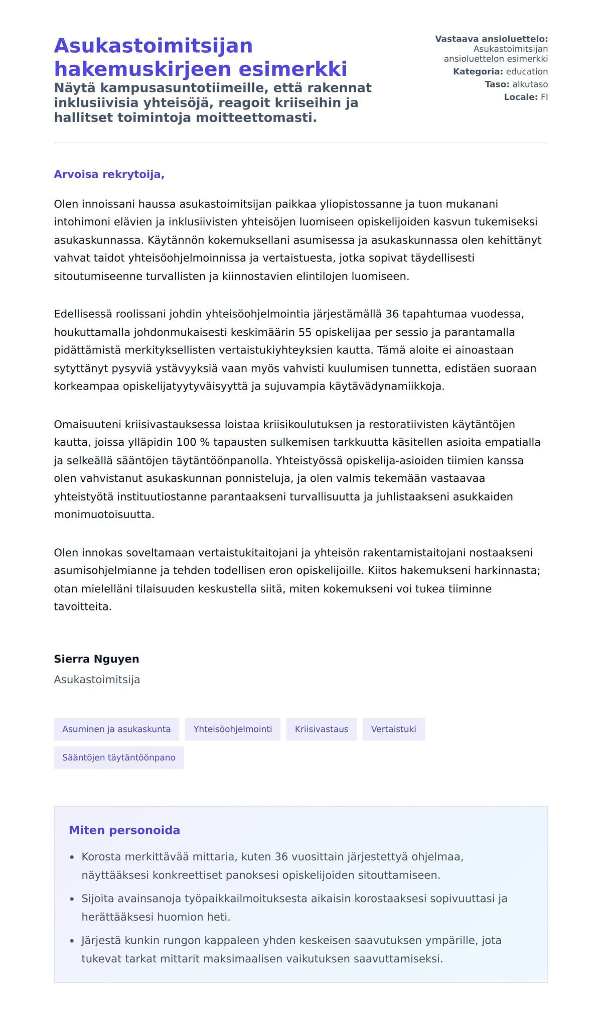 Työhakemuskirjeen esikatselu kohteelle Asukastoimitsijan hakemuskirjeen esimerkki