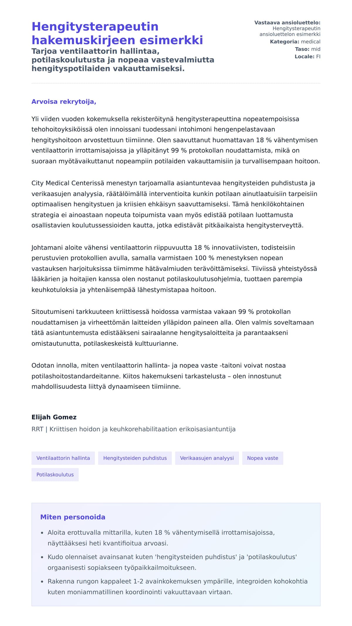 Työhakemuskirjeen esikatselu kohteelle Hengitysterapeutin hakemuskirjeen esimerkki