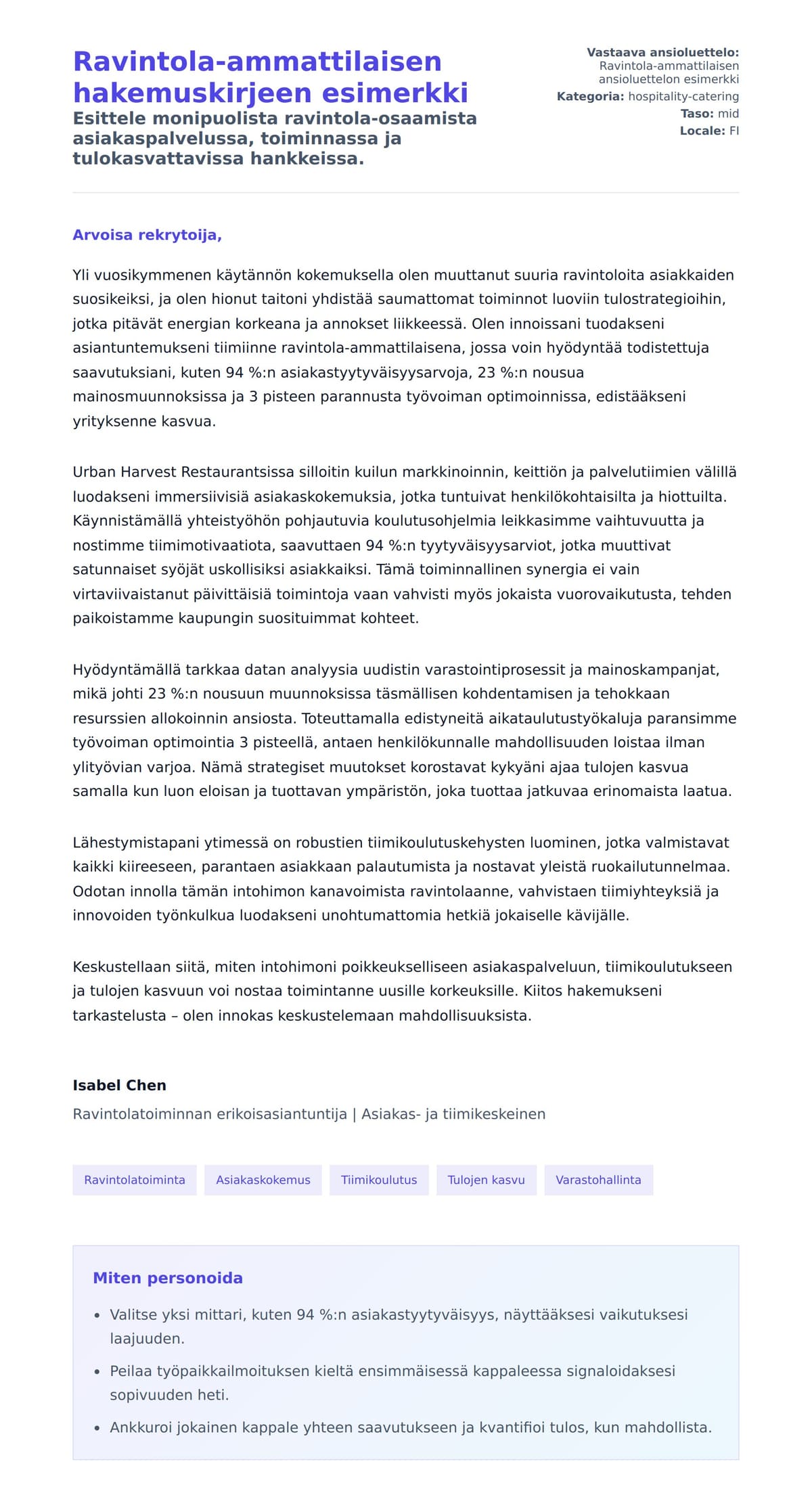 Työhakemuskirjeen esikatselu kohteelle Ravintola-ammattilaisen hakemuskirjeen esimerkki