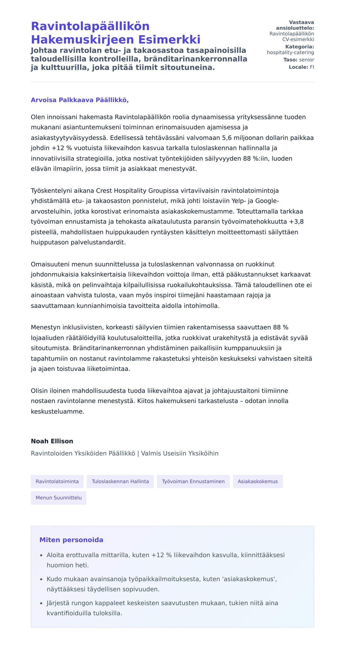Työhakemuskirjeen esikatselu kohteelle Ravintolapäällikön Hakemuskirjeen Esimerkki