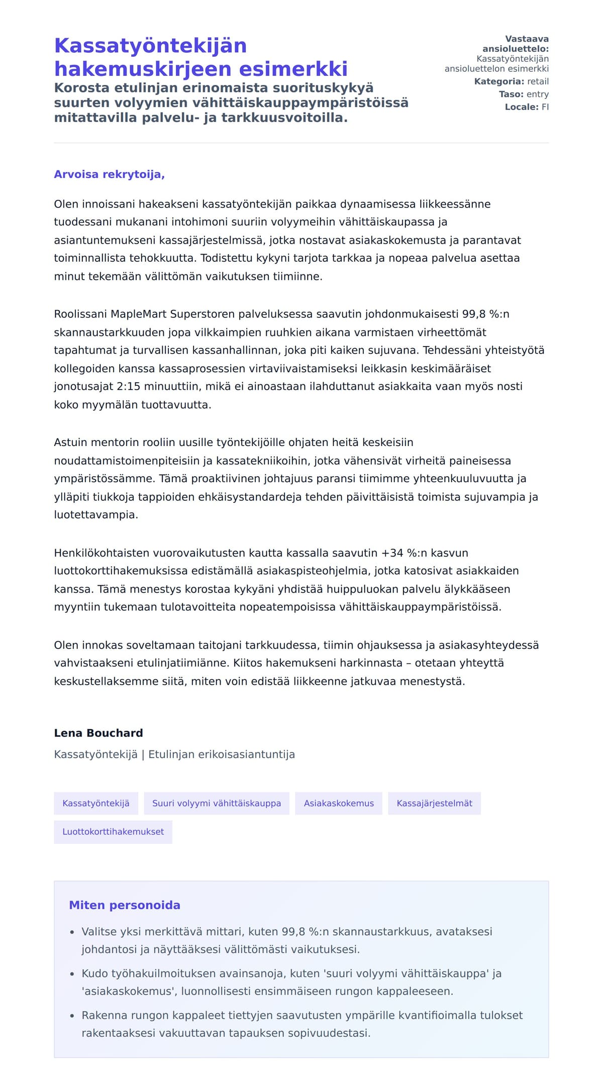 Työhakemuskirjeen esikatselu kohteelle Kassatyöntekijän hakemuskirjeen esimerkki