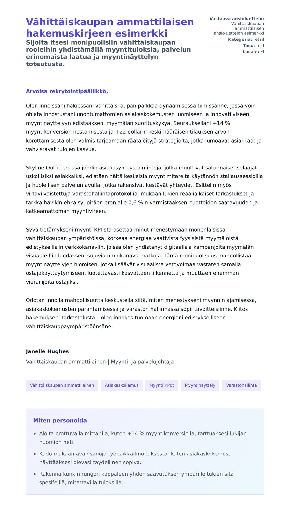 Työhakemuskirjeen esikatselu kohteelle Vähittäiskaupan ammattilaisen hakemuskirjeen esimerkki