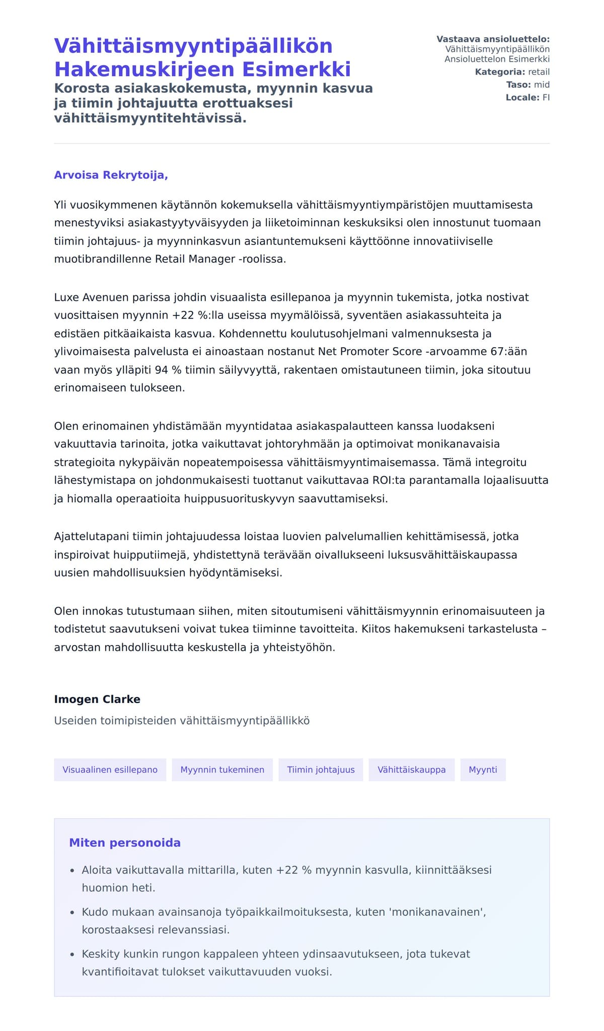 Työhakemuskirjeen esikatselu kohteelle Vähittäismyyntipäällikön Hakemuskirjeen Esimerkki