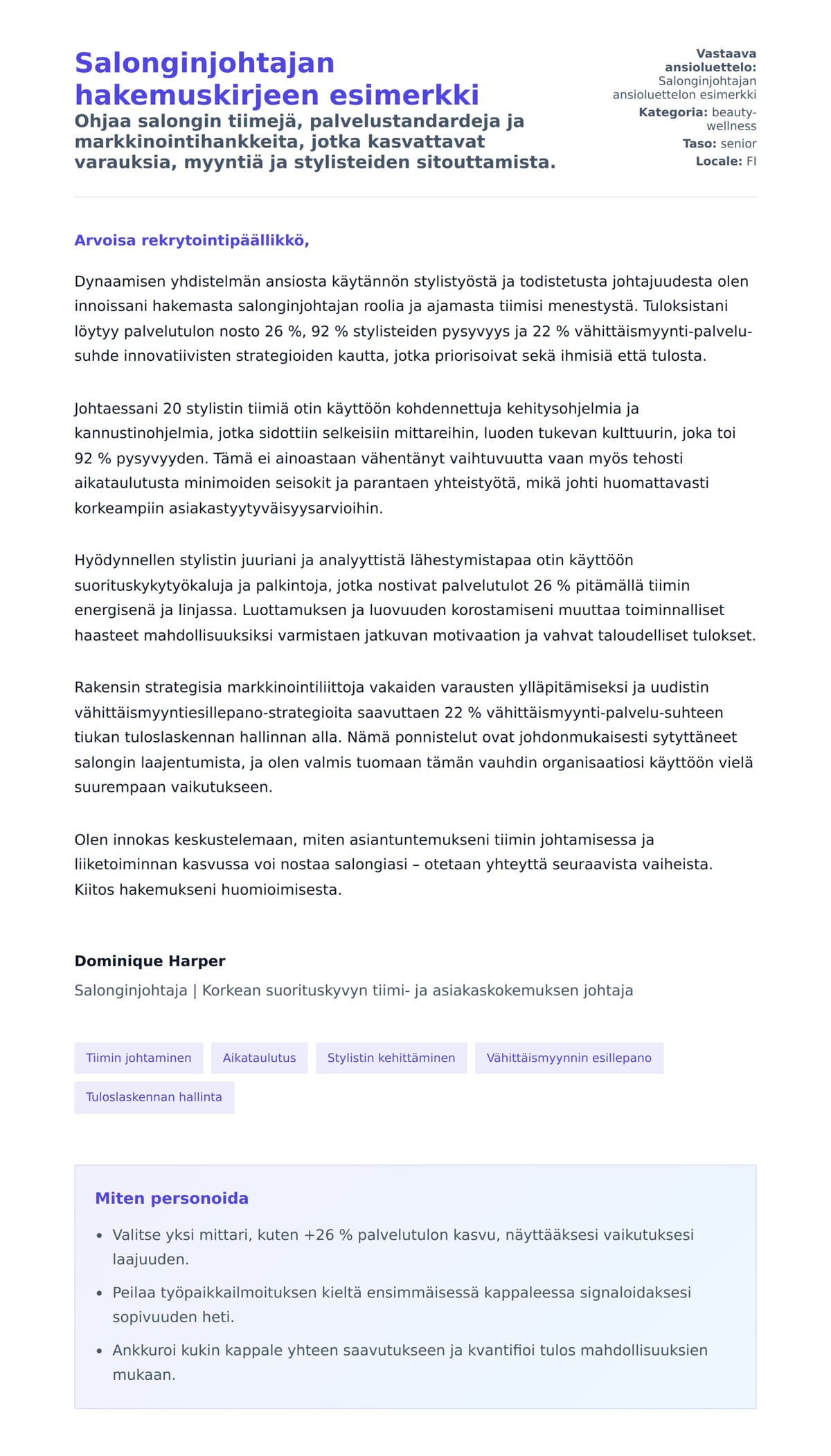 Työhakemuskirjeen esikatselu kohteelle Salonginjohtajan hakemuskirjeen esimerkki
