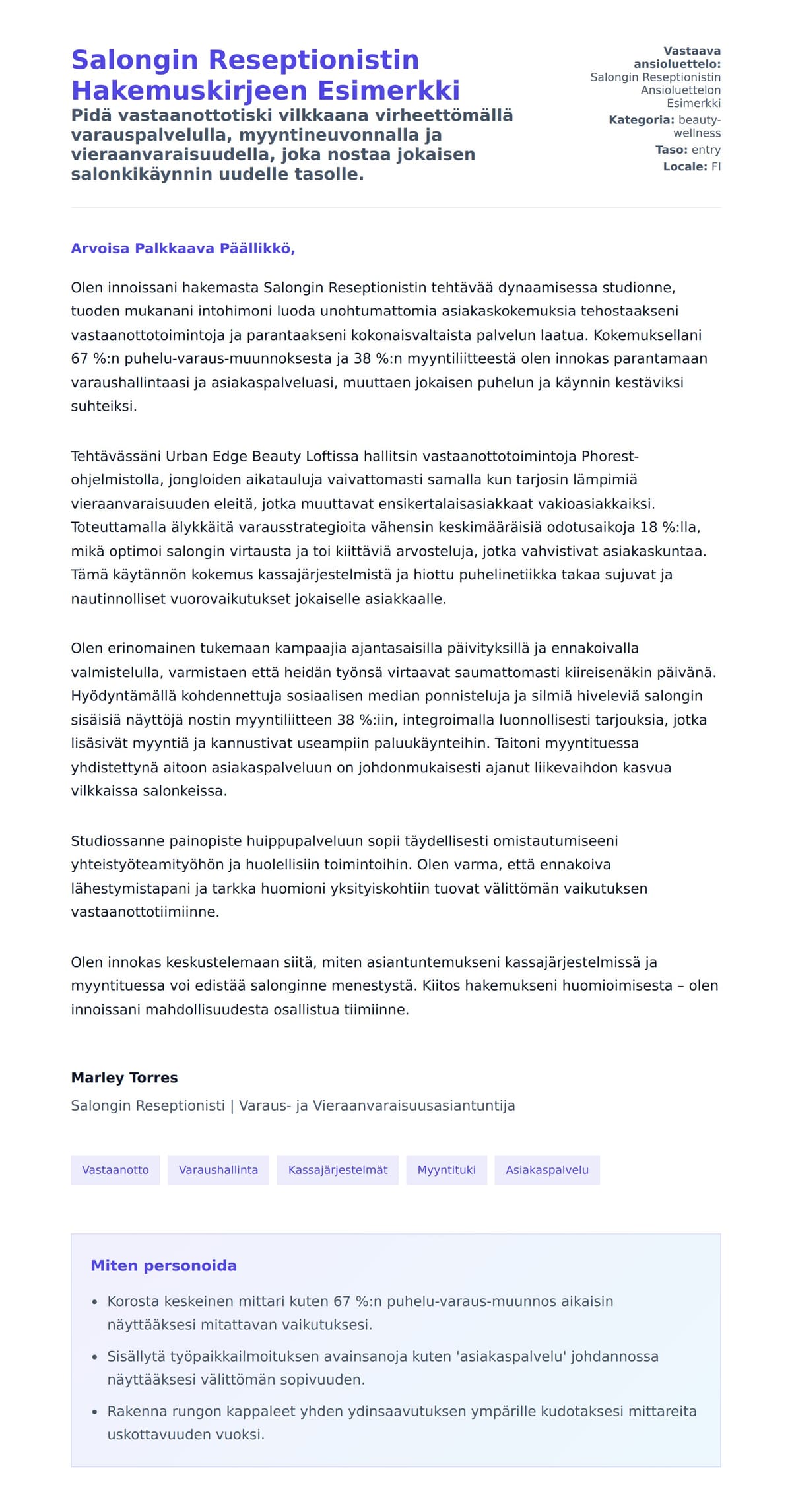 Työhakemuskirjeen esikatselu kohteelle Salongin Reseptionistin Hakemuskirjeen Esimerkki