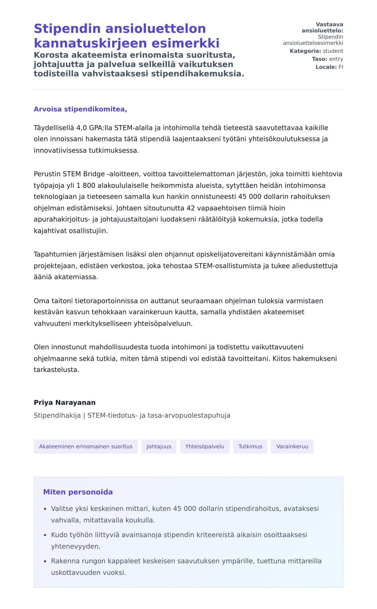 Työhakemuskirjeen esikatselu kohteelle Stipendin ansioluettelon kannatuskirjeen esimerkki