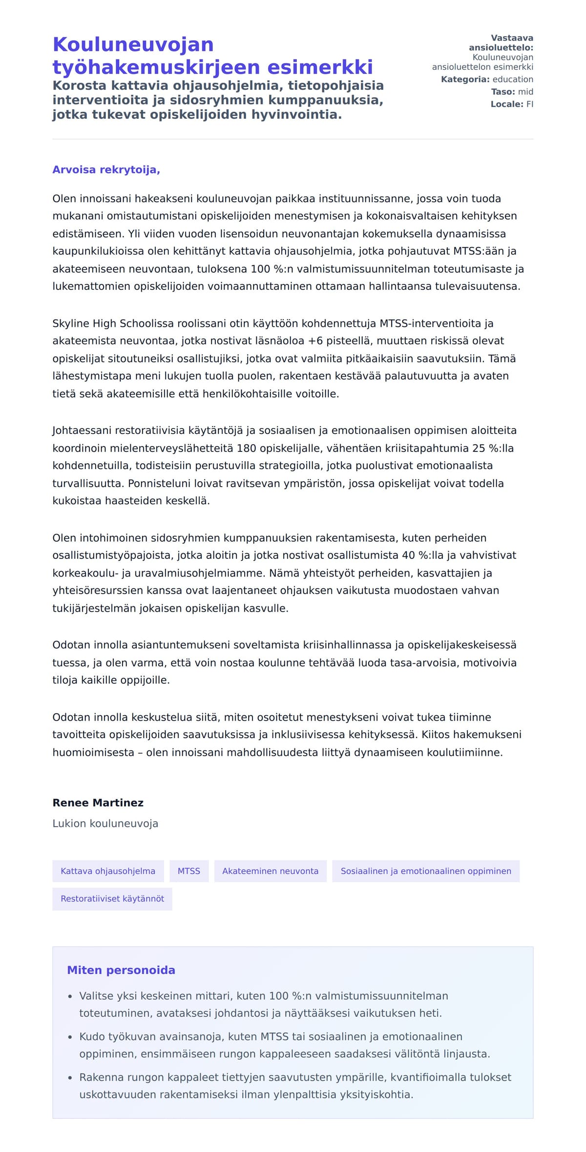 Työhakemuskirjeen esikatselu kohteelle Kouluneuvojan työhakemuskirjeen esimerkki