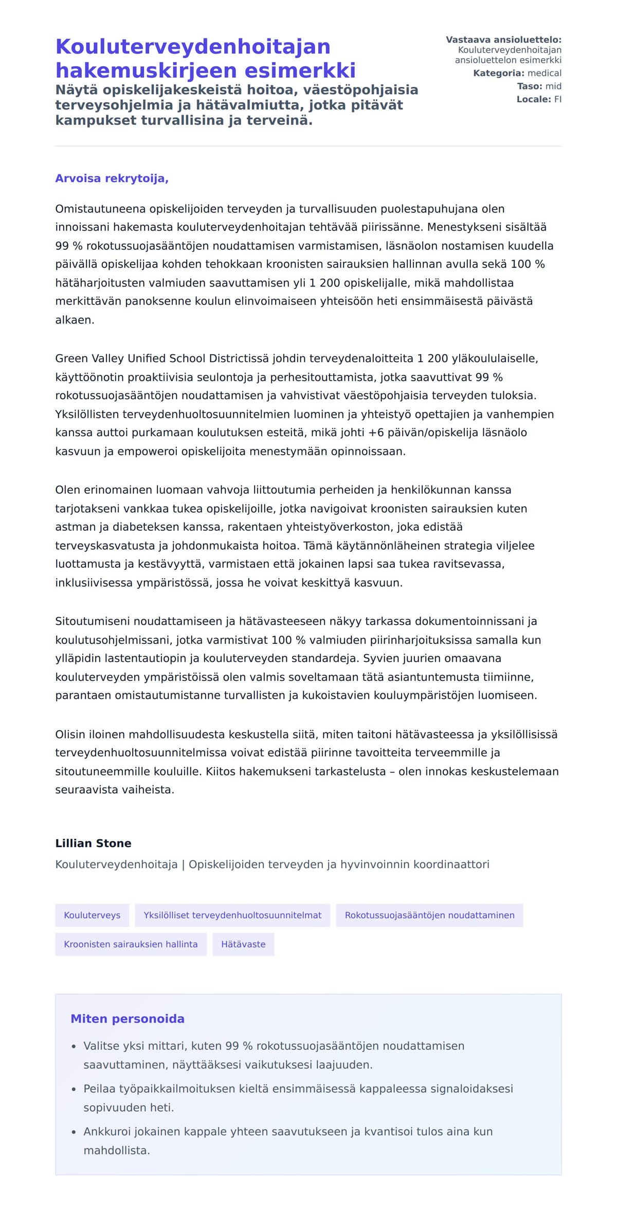 Työhakemuskirjeen esikatselu kohteelle Kouluterveydenhoitajan hakemuskirjeen esimerkki