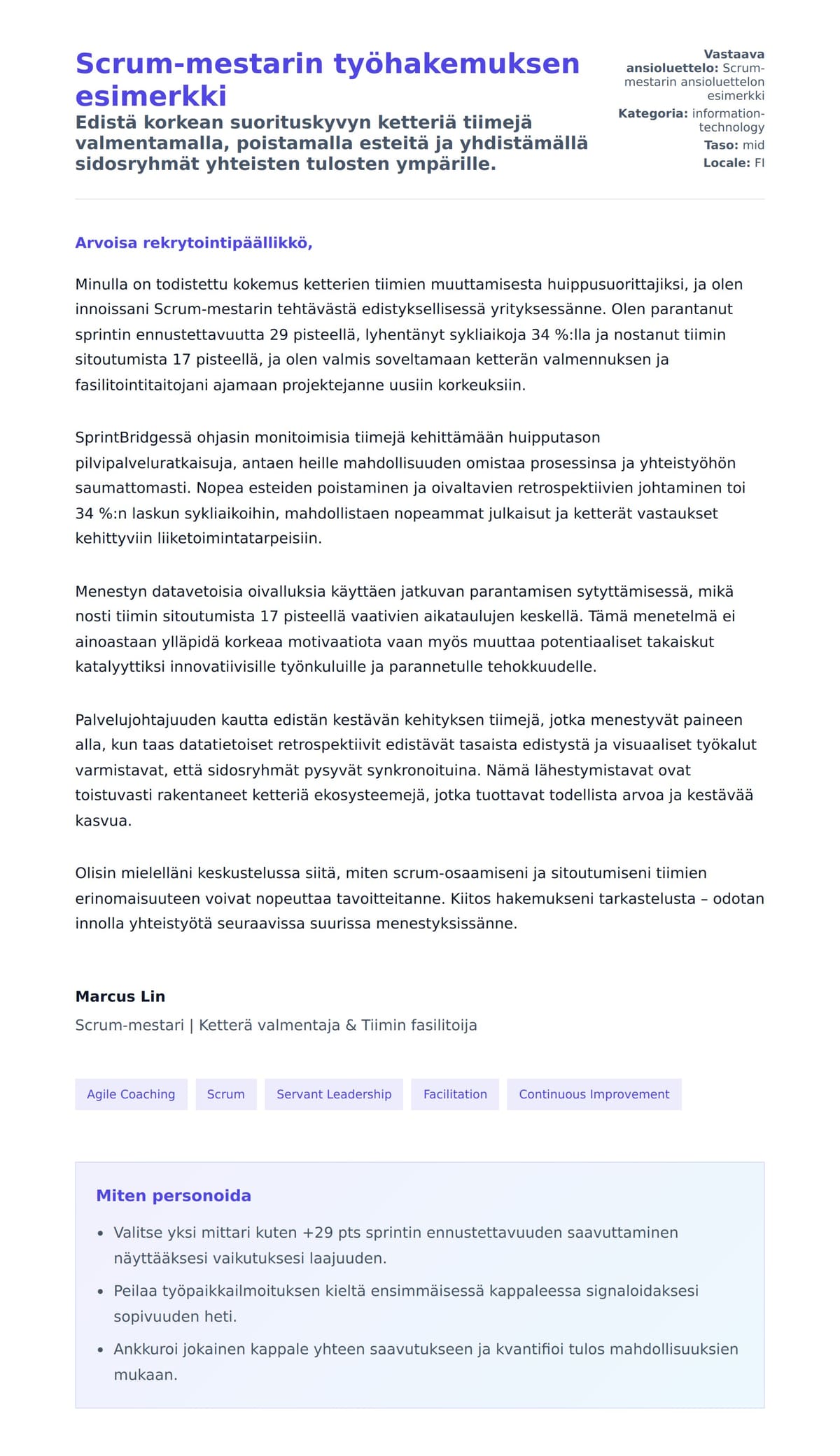 Työhakemuskirjeen esikatselu kohteelle Scrum-mestarin työhakemuksen esimerkki