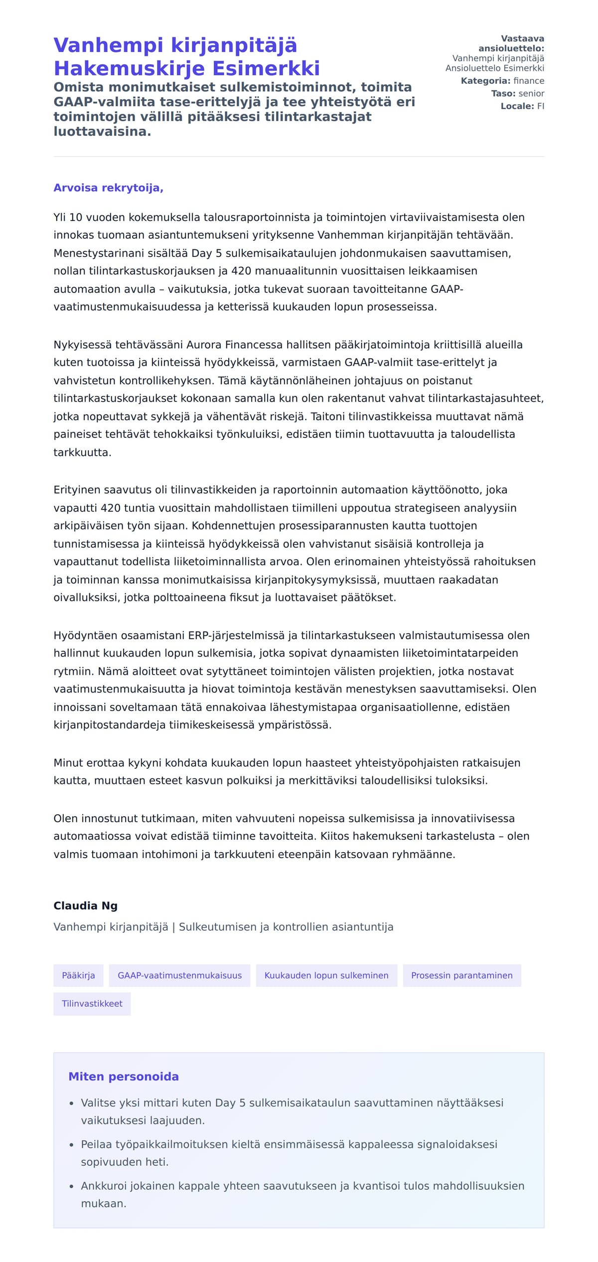 Työhakemuskirjeen esikatselu kohteelle Vanhempi kirjanpitäjä Hakemuskirje Esimerkki