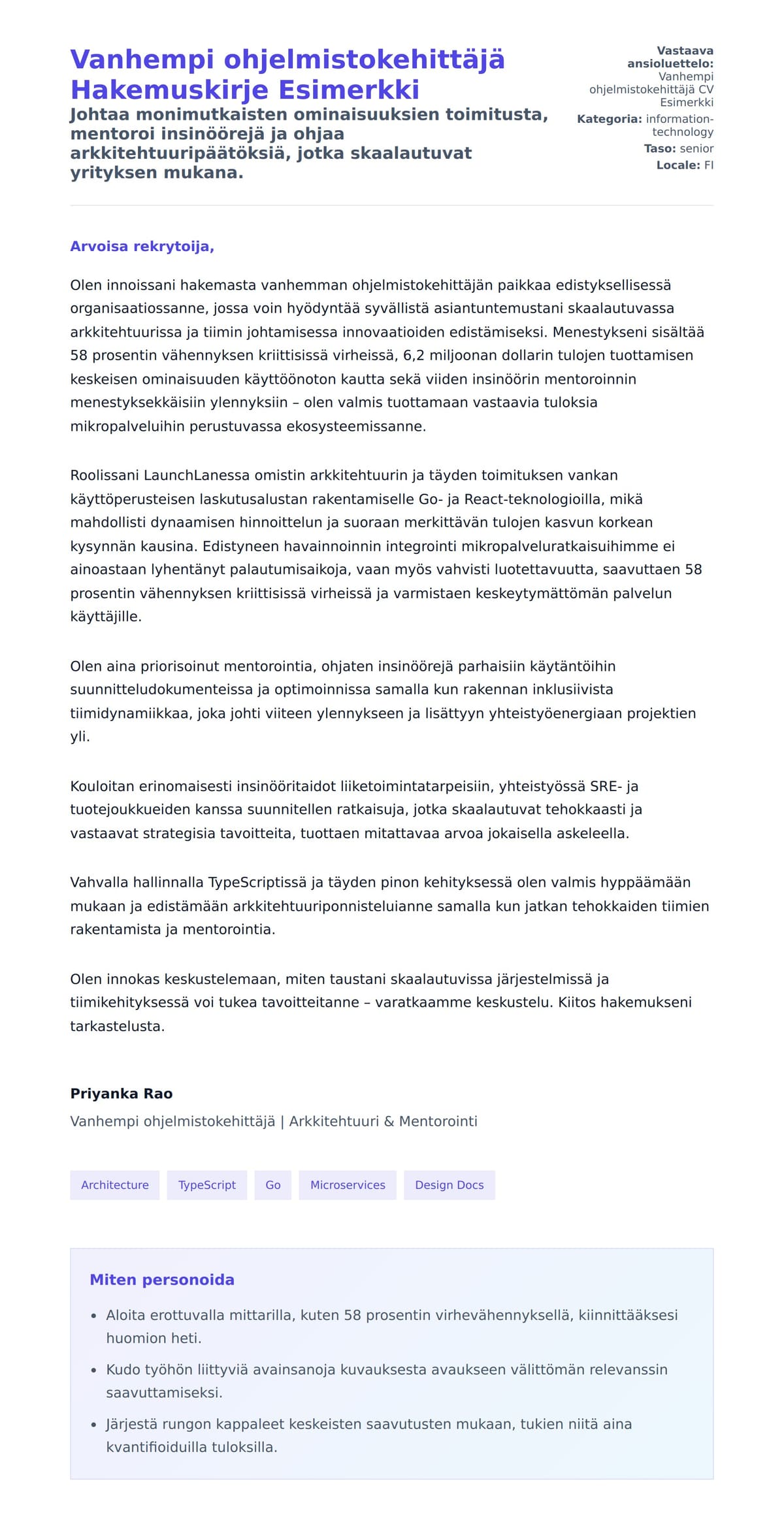 Työhakemuskirjeen esikatselu kohteelle Vanhempi ohjelmistokehittäjä Hakemuskirje Esimerkki