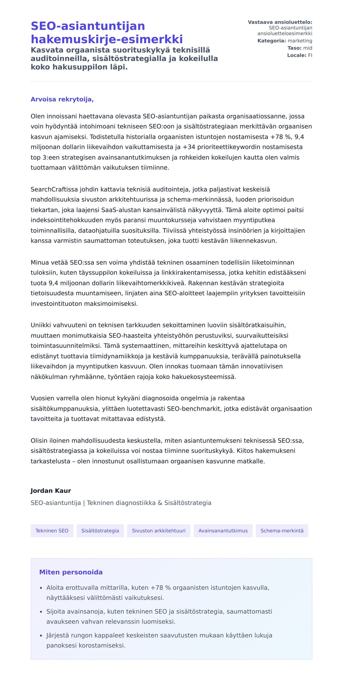 Työhakemuskirjeen esikatselu kohteelle SEO-asiantuntijan hakemuskirje-esimerkki