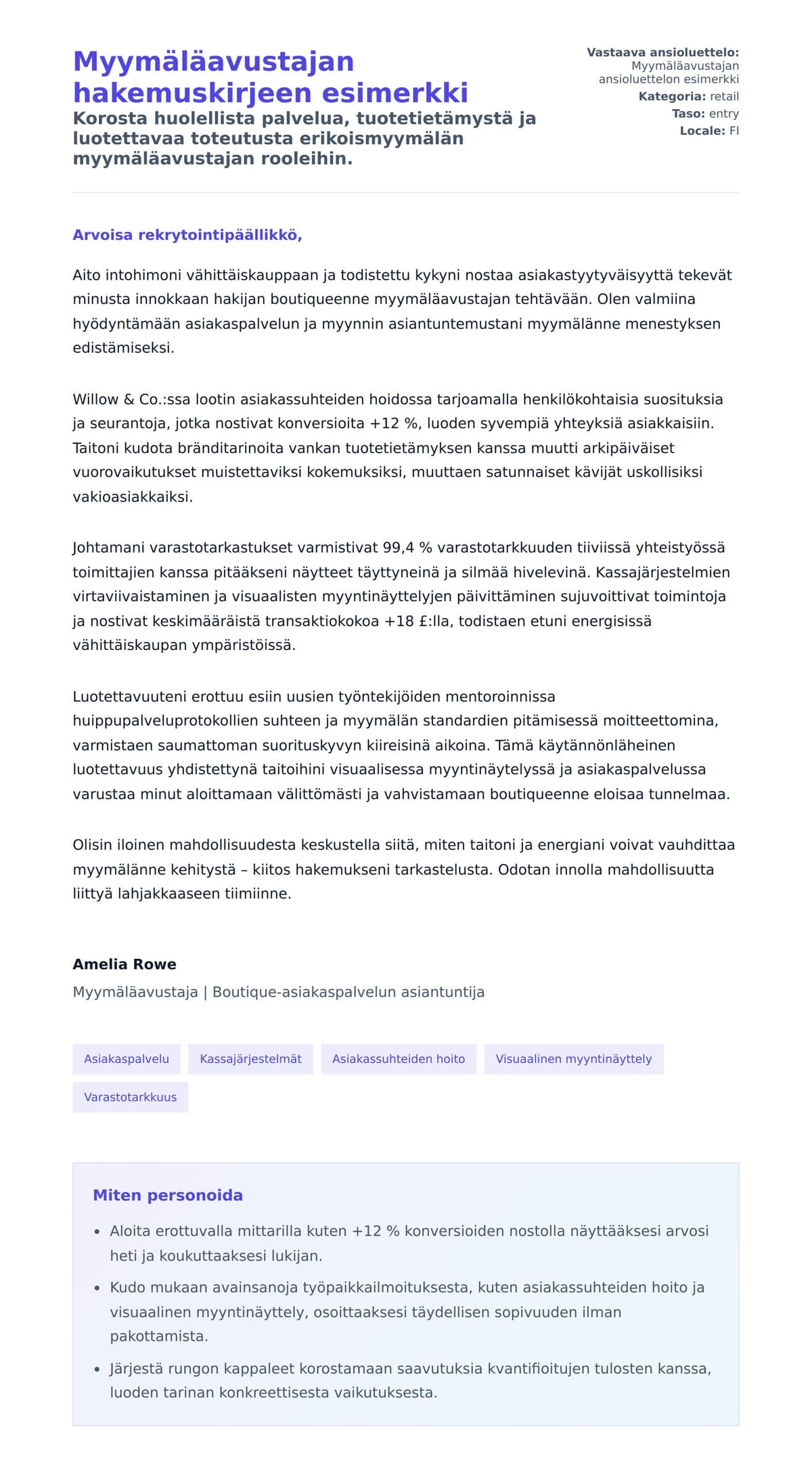 Työhakemuskirjeen esikatselu kohteelle Myymäläavustajan hakemuskirjeen esimerkki