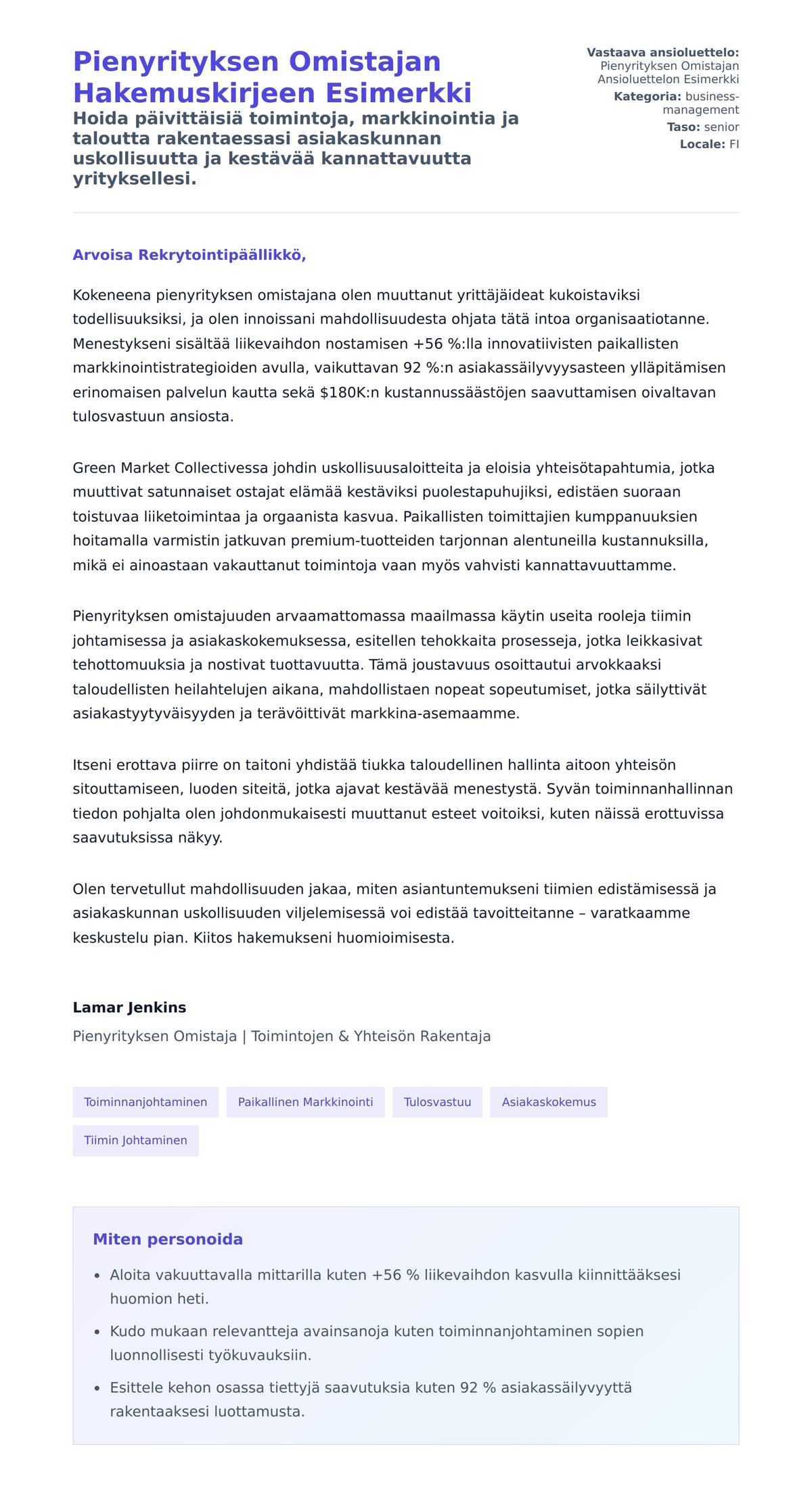 Työhakemuskirjeen esikatselu kohteelle Pienyrityksen Omistajan Hakemuskirjeen Esimerkki