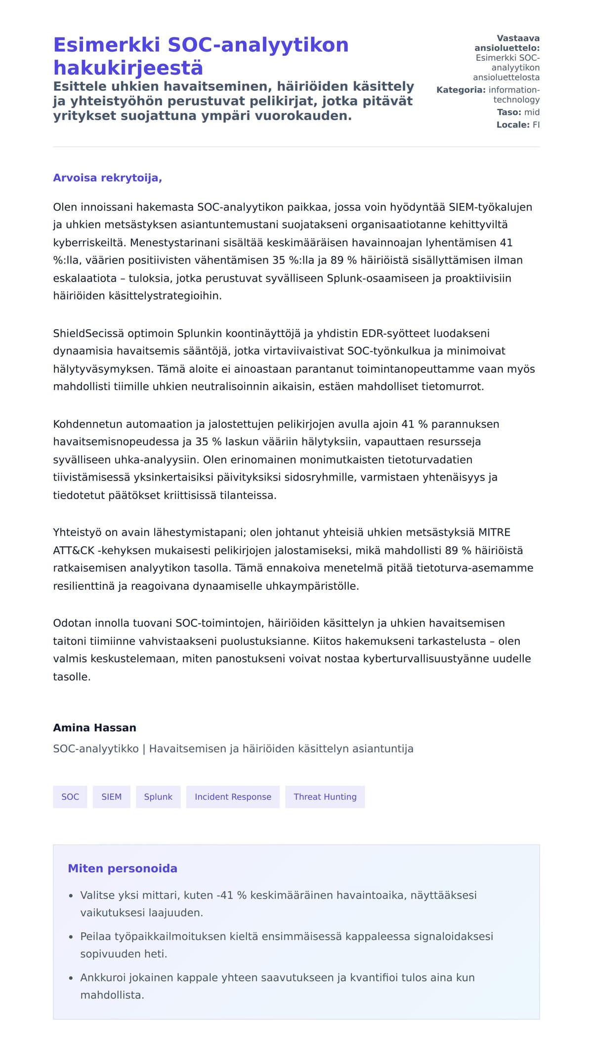 Työhakemuskirjeen esikatselu kohteelle Esimerkki SOC-analyytikon hakukirjeestä