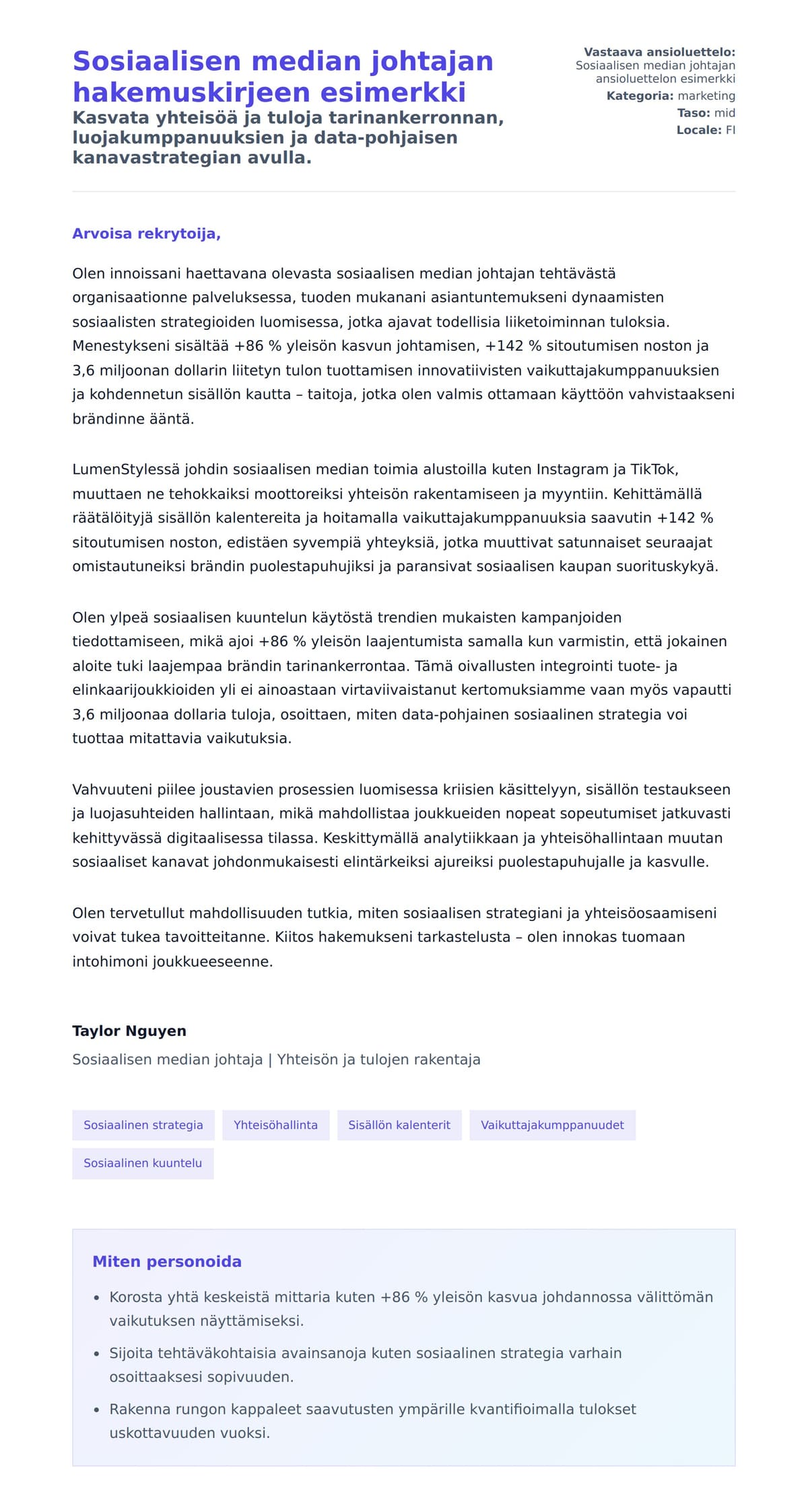 Työhakemuskirjeen esikatselu kohteelle Sosiaalisen median johtajan hakemuskirjeen esimerkki