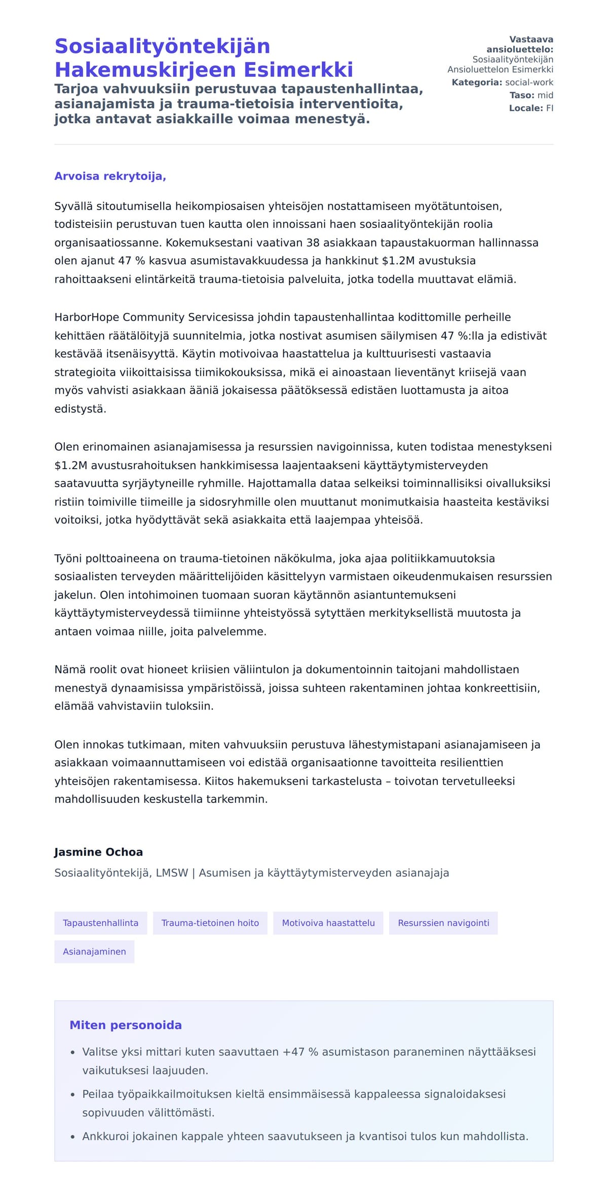 Työhakemuskirjeen esikatselu kohteelle Sosiaalityöntekijän Hakemuskirjeen Esimerkki