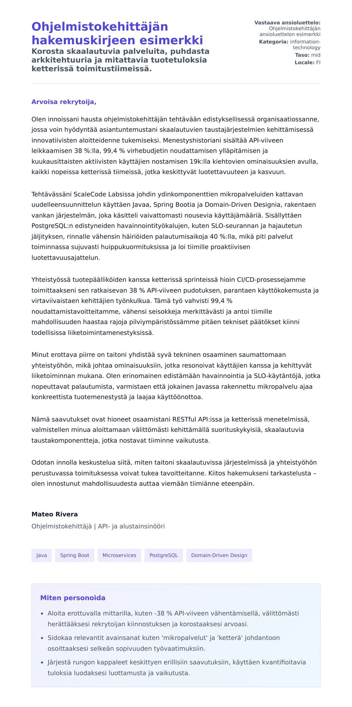 Työhakemuskirjeen esikatselu kohteelle Ohjelmistokehittäjän hakemuskirjeen esimerkki