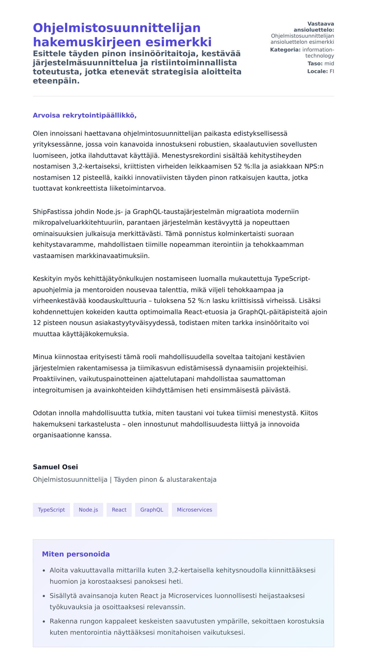 Työhakemuskirjeen esikatselu kohteelle Ohjelmistosuunnittelijan hakemuskirjeen esimerkki