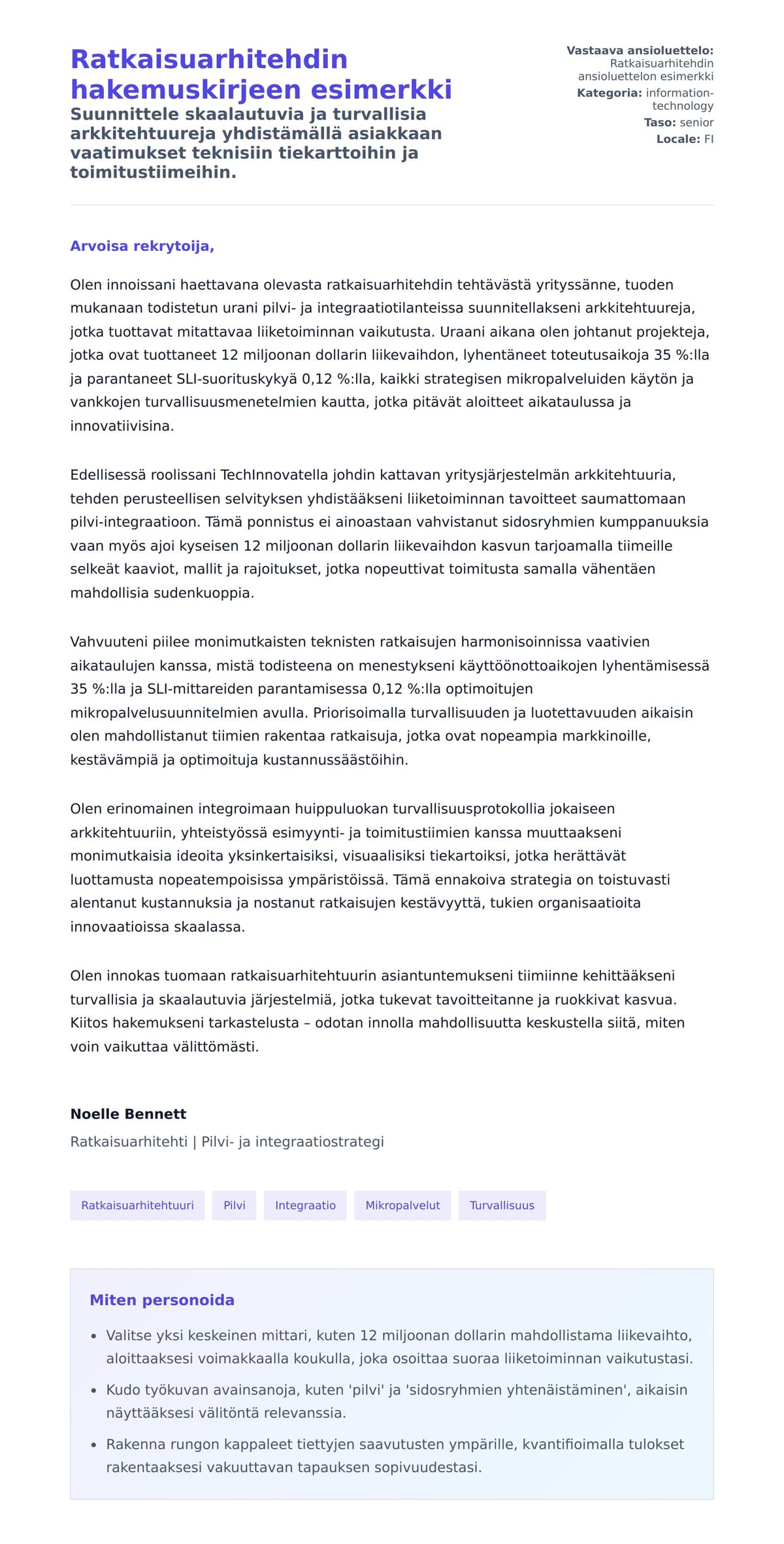 Työhakemuskirjeen esikatselu kohteelle Ratkaisuarhitehdin hakemuskirjeen esimerkki