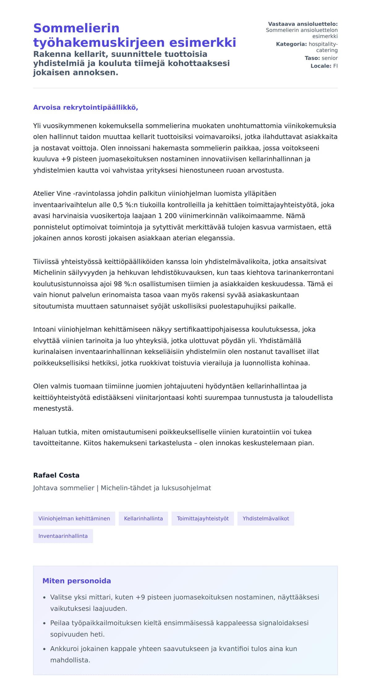 Työhakemuskirjeen esikatselu kohteelle Sommelierin työhakemuskirjeen esimerkki