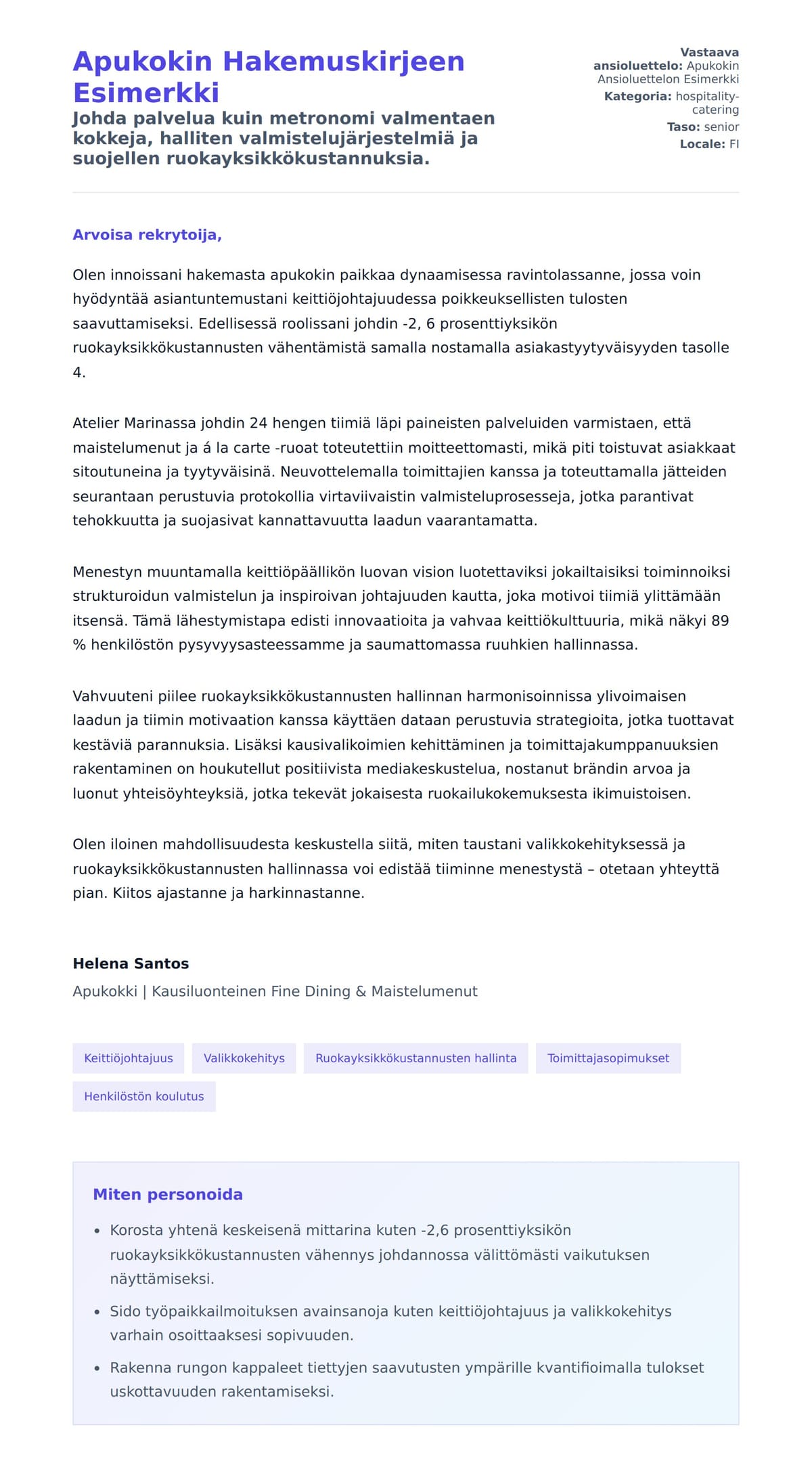 Työhakemuskirjeen esikatselu kohteelle Apukokin Hakemuskirjeen Esimerkki