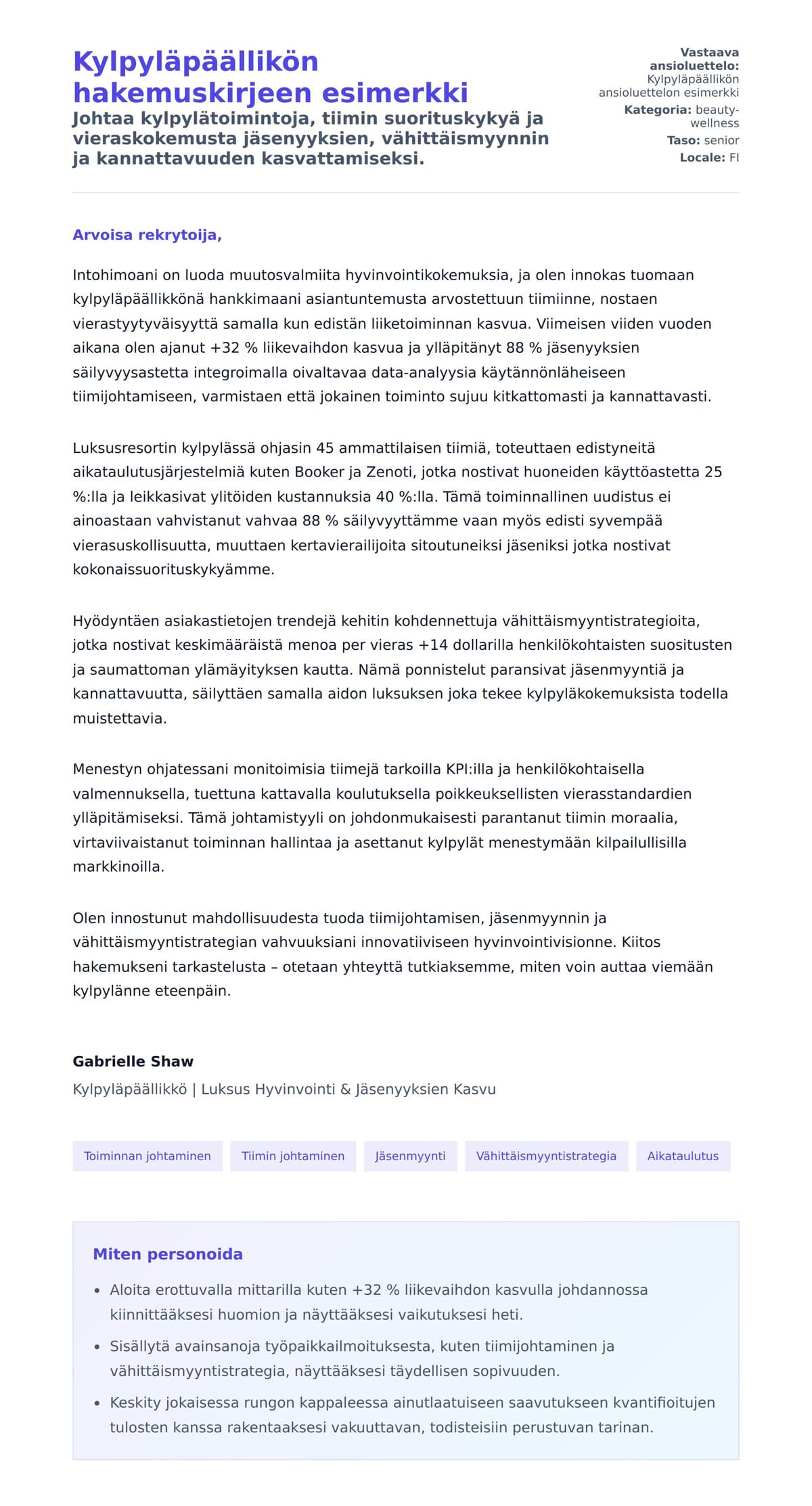 Työhakemuskirjeen esikatselu kohteelle Kylpyläpäällikön hakemuskirjeen esimerkki