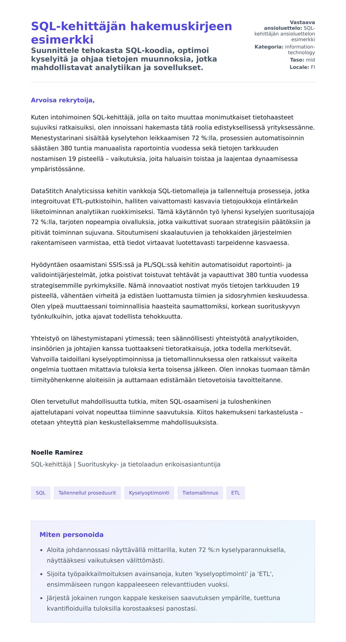 Työhakemuskirjeen esikatselu kohteelle SQL-kehittäjän hakemuskirjeen esimerkki