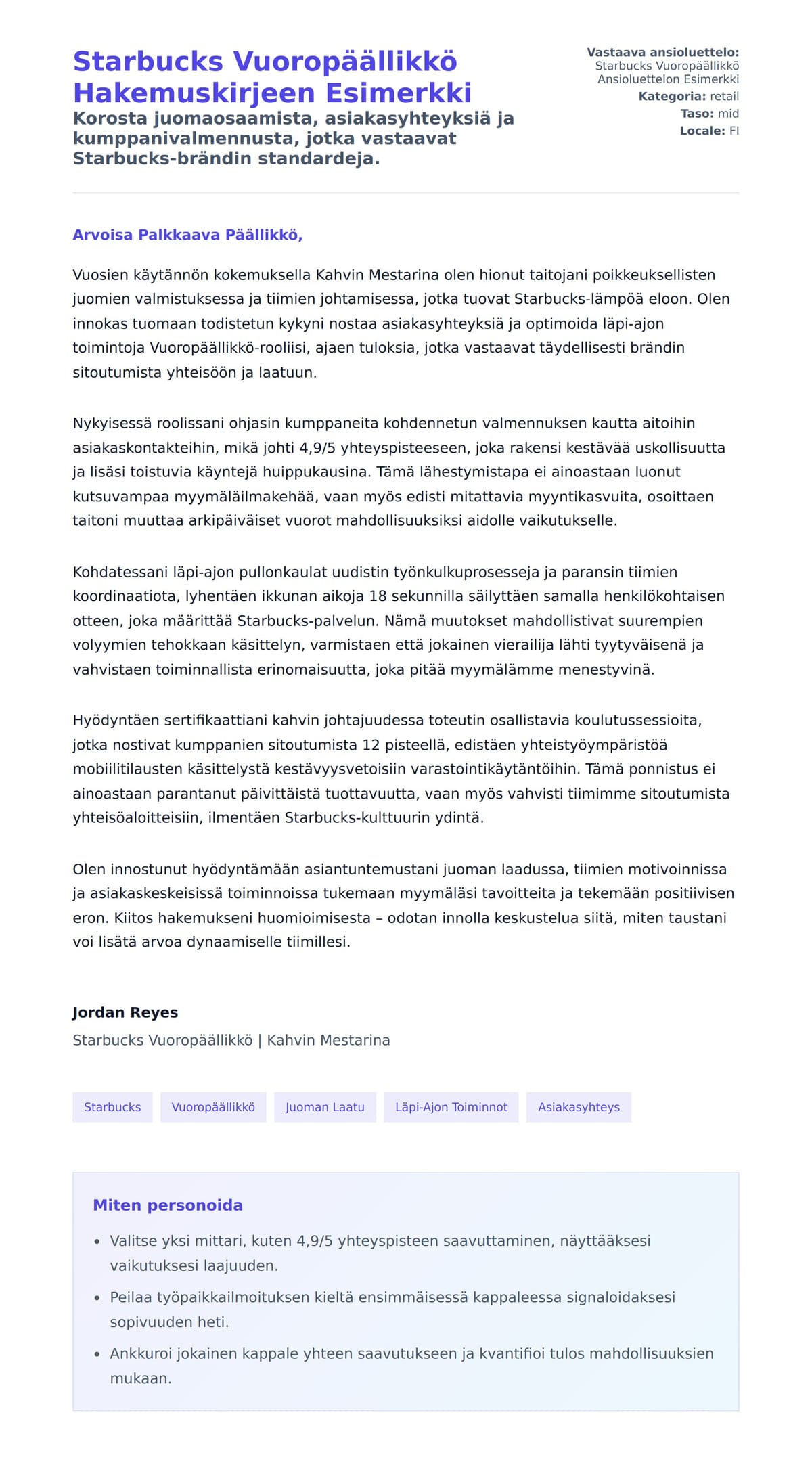 Työhakemuskirjeen esikatselu kohteelle Starbucks Vuoropäällikkö Hakemuskirjeen Esimerkki