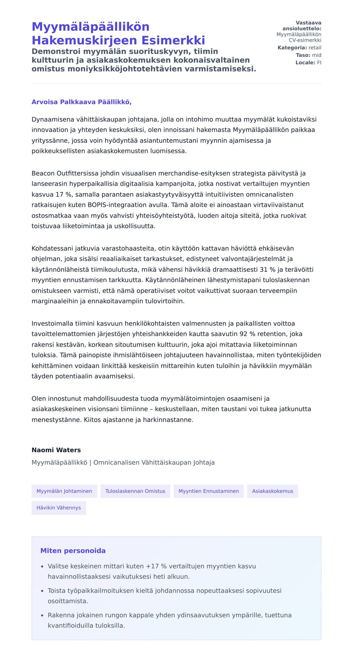 Työhakemuskirjeen esikatselu kohteelle Myymäläpäällikön Hakemuskirjeen Esimerkki