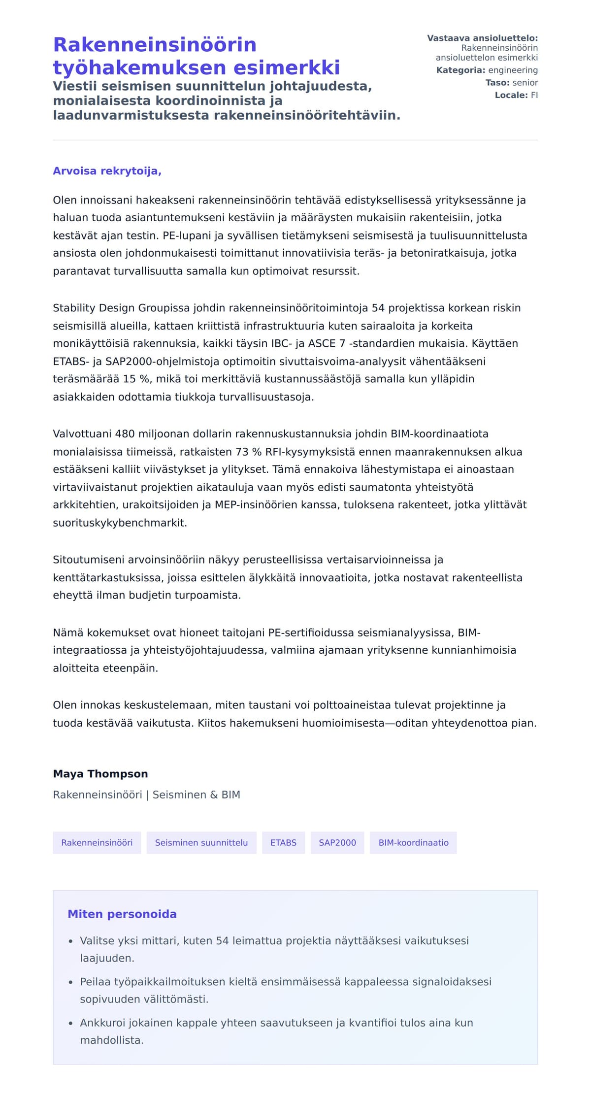 Työhakemuskirjeen esikatselu kohteelle Rakenneinsinöörin työhakemuksen esimerkki